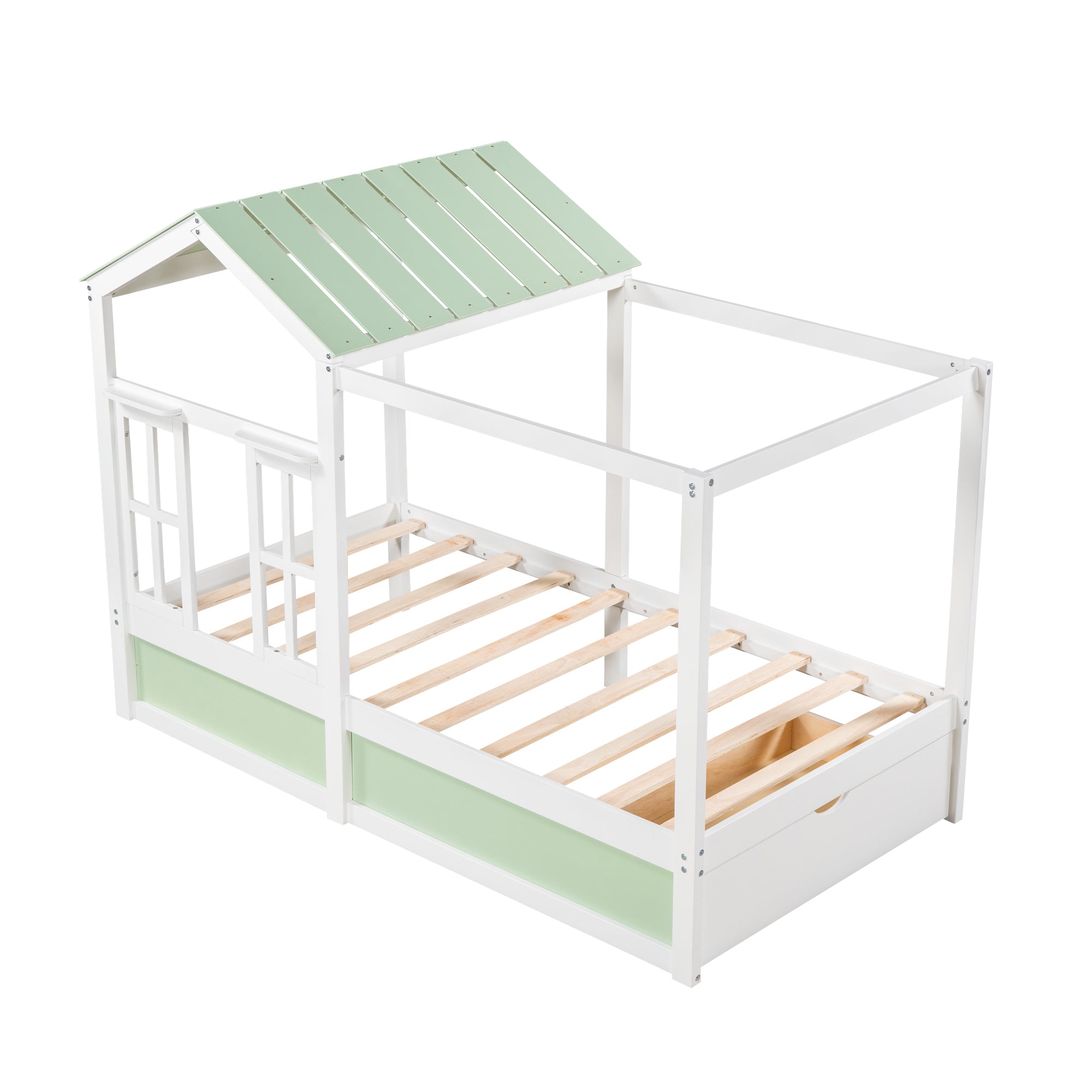 Twin Size House Bed with Roof, Window and Drawer - Green + White