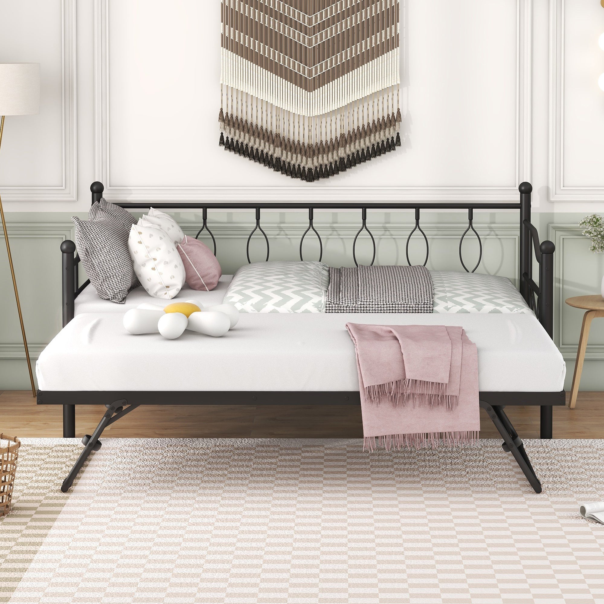 Twin Size Metal Daybed with Twin Size Adjustable Trundle, Portable Folding Trundle, Black