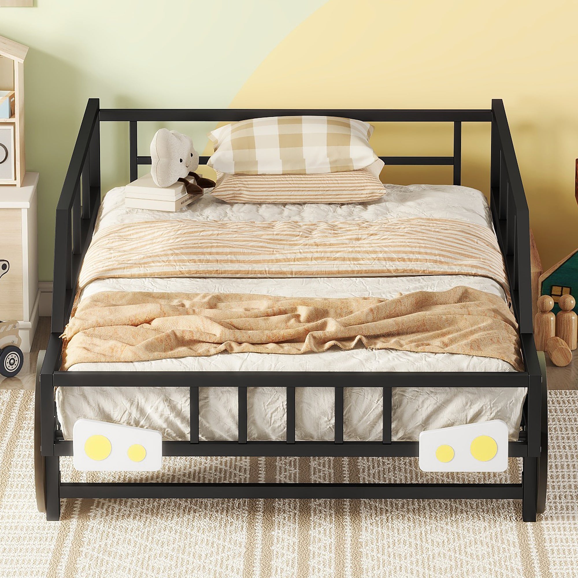 Metal Twin Size Car-shaped Platform Bed with Wheels and Headlights Decoration, Black
