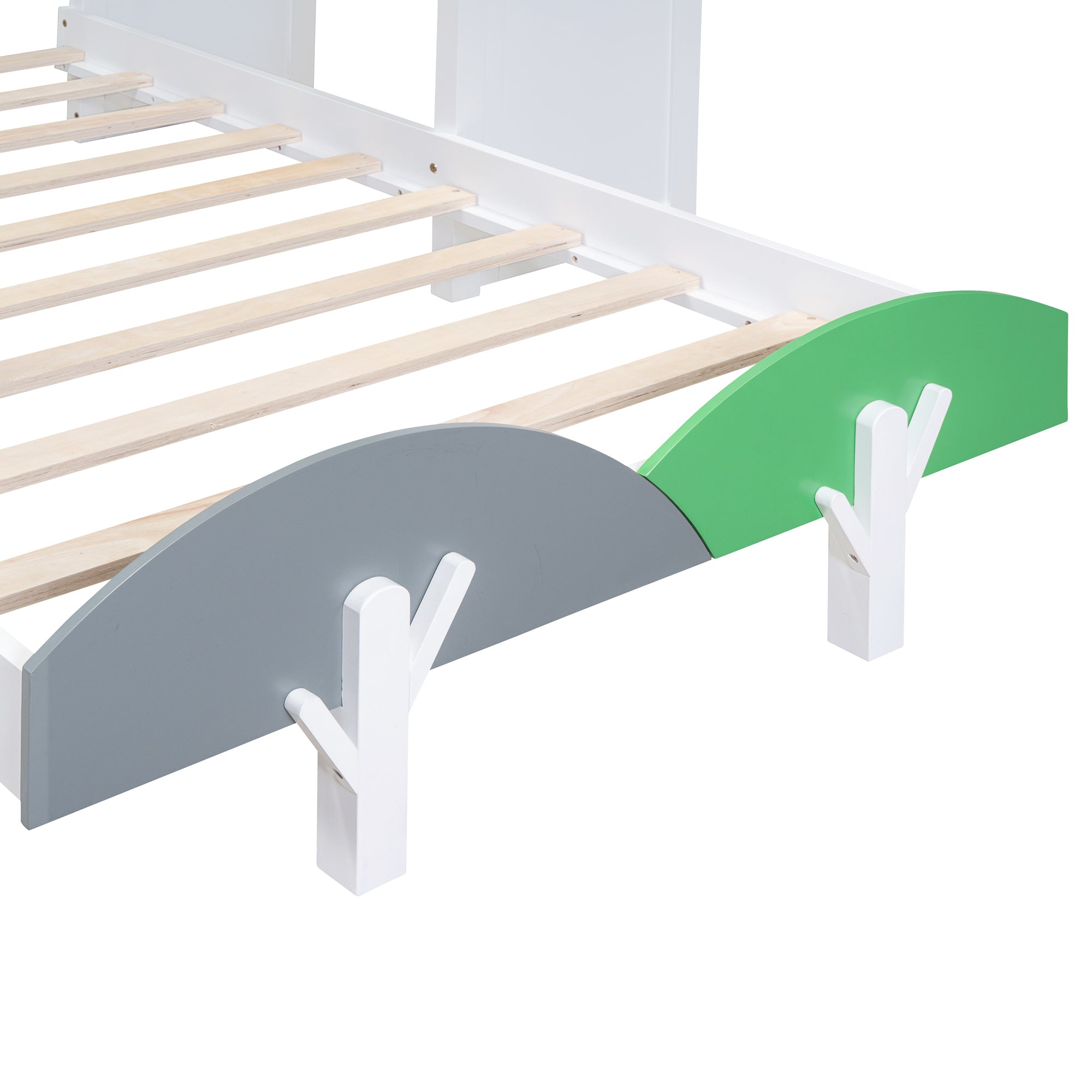 Twin Size Platform Bed with Windmill and Flower Decor, House Bed with Desk and two Handles, White