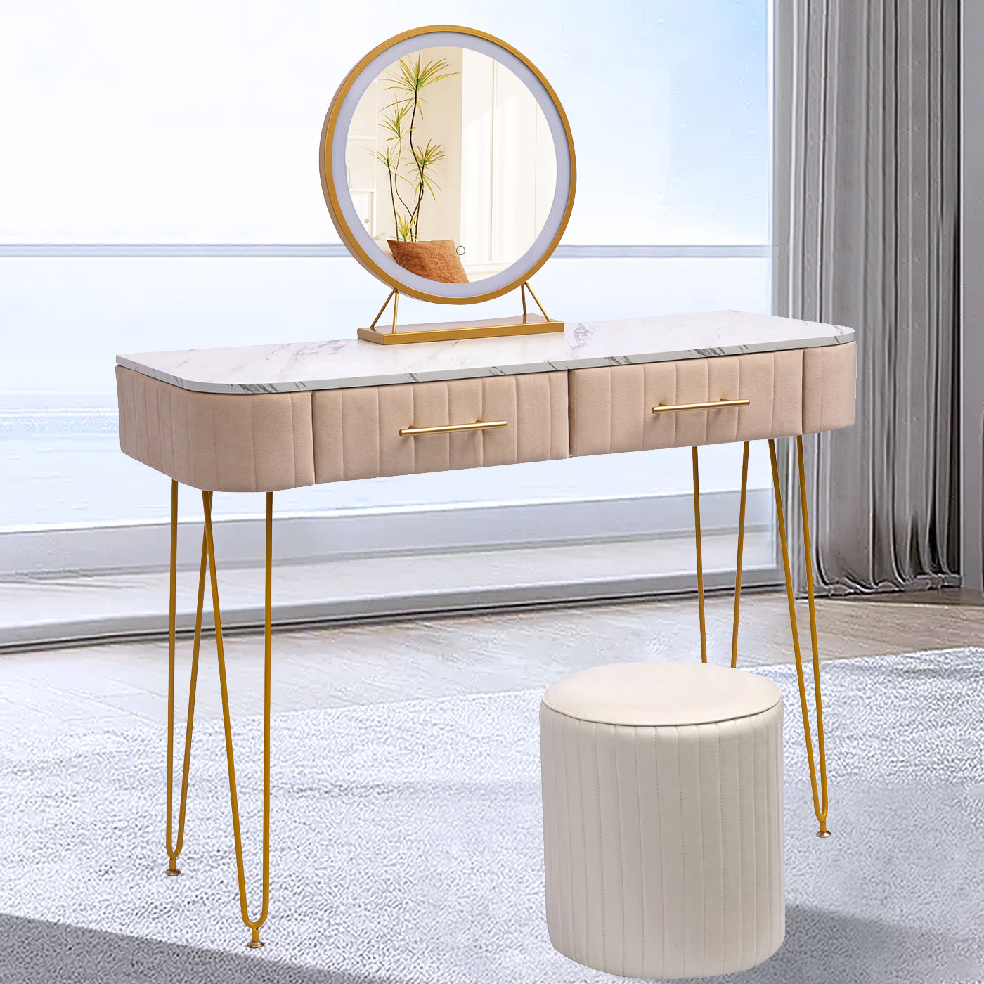 CRAZY ELF 39.4" Length Flannel Soft Roll Makeup Vanity Set, Fasionable Soft Roll Makeup Table, 15.8" Touch Control 3 Brightness Options LED Mirror, Large Capacity Storage, Fashionable Soft Roll Stool.