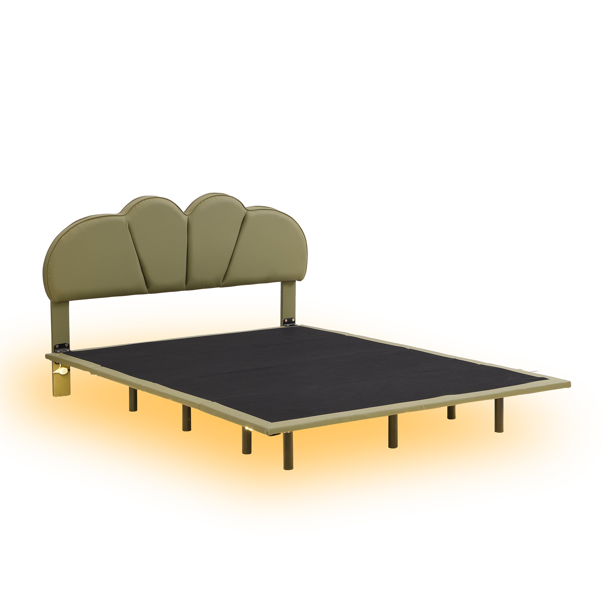 Queen Size Upholstery Platform Bed with PU Leather Headboard and Support Legs,Underbed LED Light,Green
