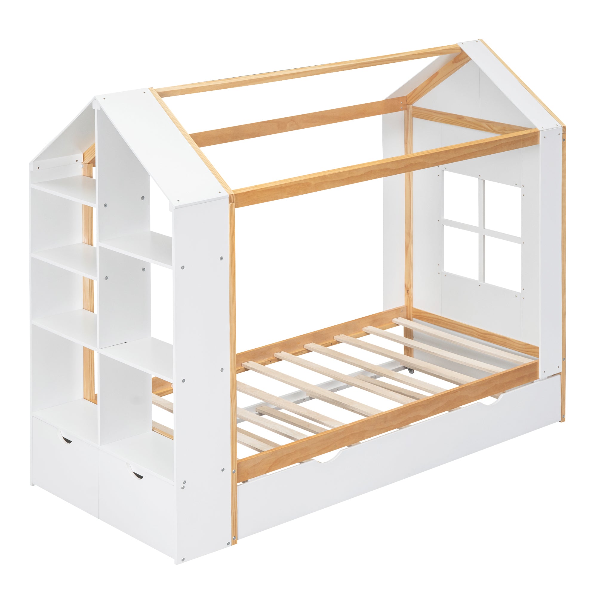 Twin Size House Platform Bed with Storage Shelves and Twin Size Trundle, White