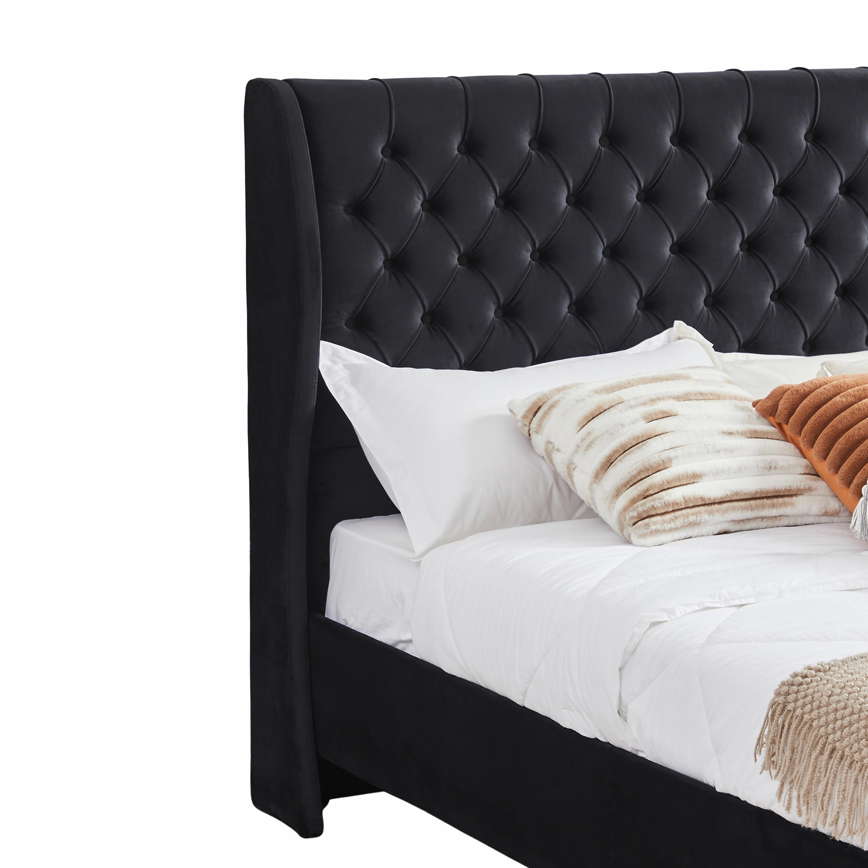 Rodeo Drive Collection Upholstered Wingback Velvet Fabric Chesterfield Bed/Button Tufted Headboard with Vintage Wing/Wood Slat Support/Easy Assemble. King-Black