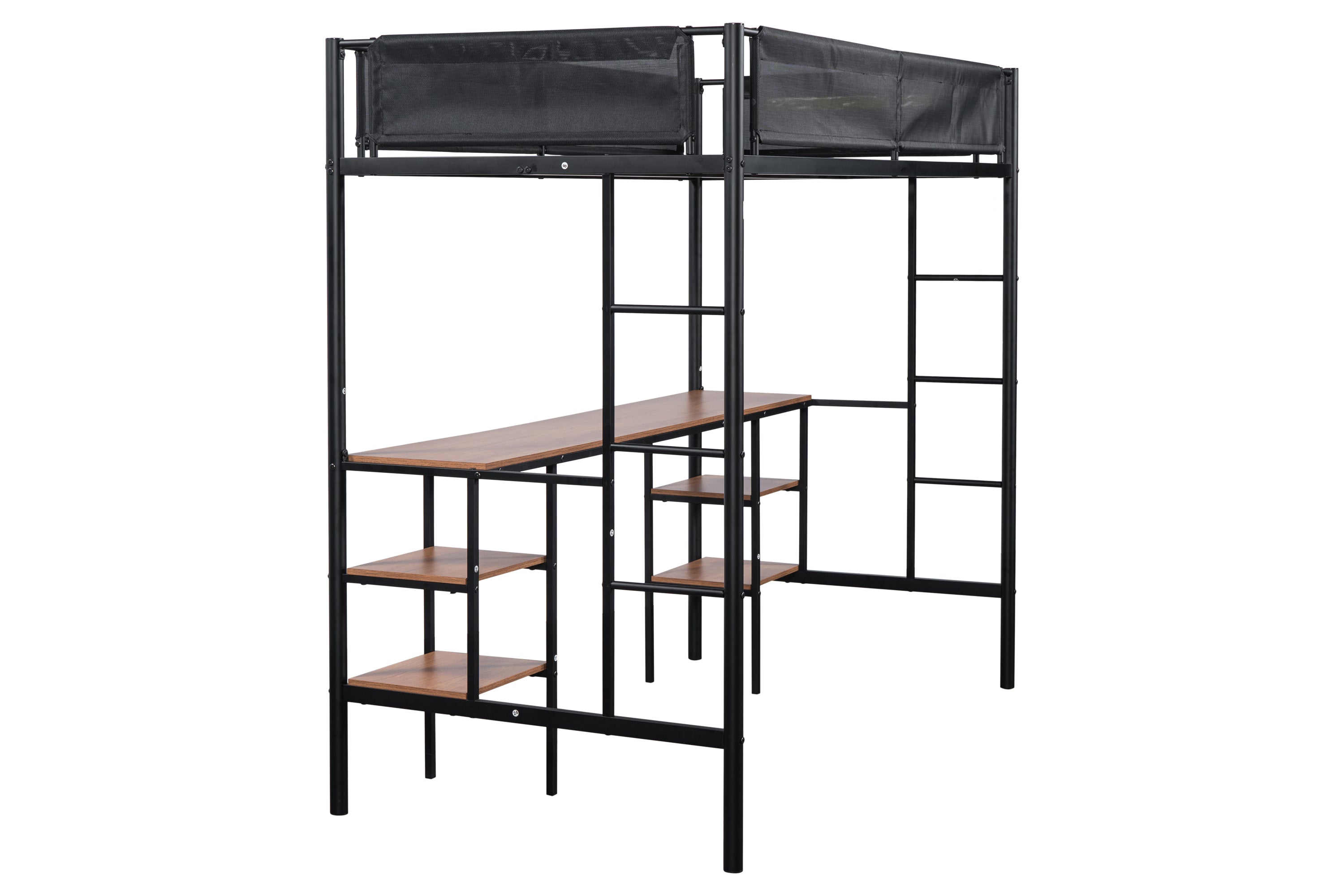 Metal Twin-size Loft Bed with Table & Shelves/ Sturdy Metal Bed Frame/ Noise-free Wood Slat/ Comfortable Textilene Guardrail/ Built-in Table and Shelves/ 2 Side Ladders/ No Box Spring Needed