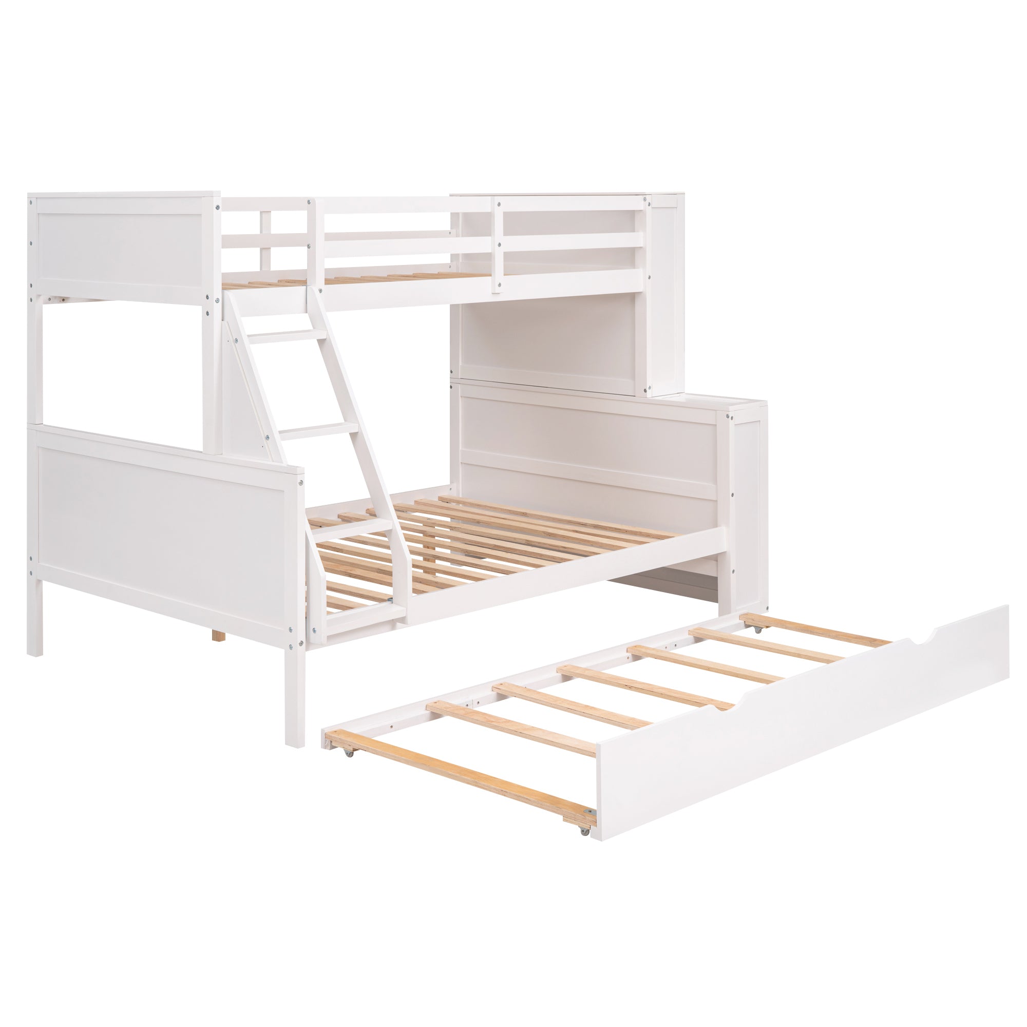 Twin over Full Bunk Bed with Trundle and Shelves, can be Separated into Three Separate Platform Beds, White