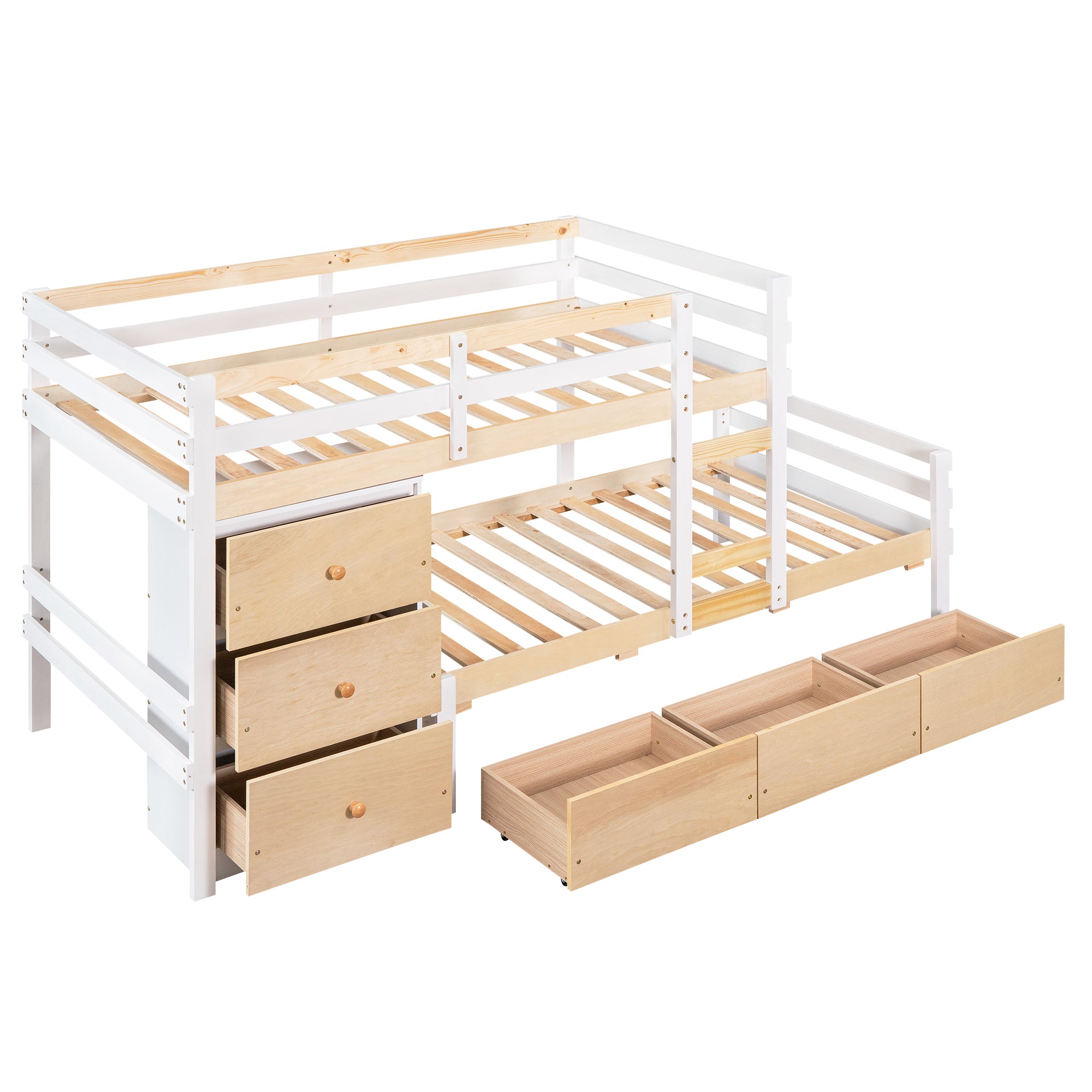 Twin over Twin Loft Bunk Bed with Drawers and Ladder, Natural