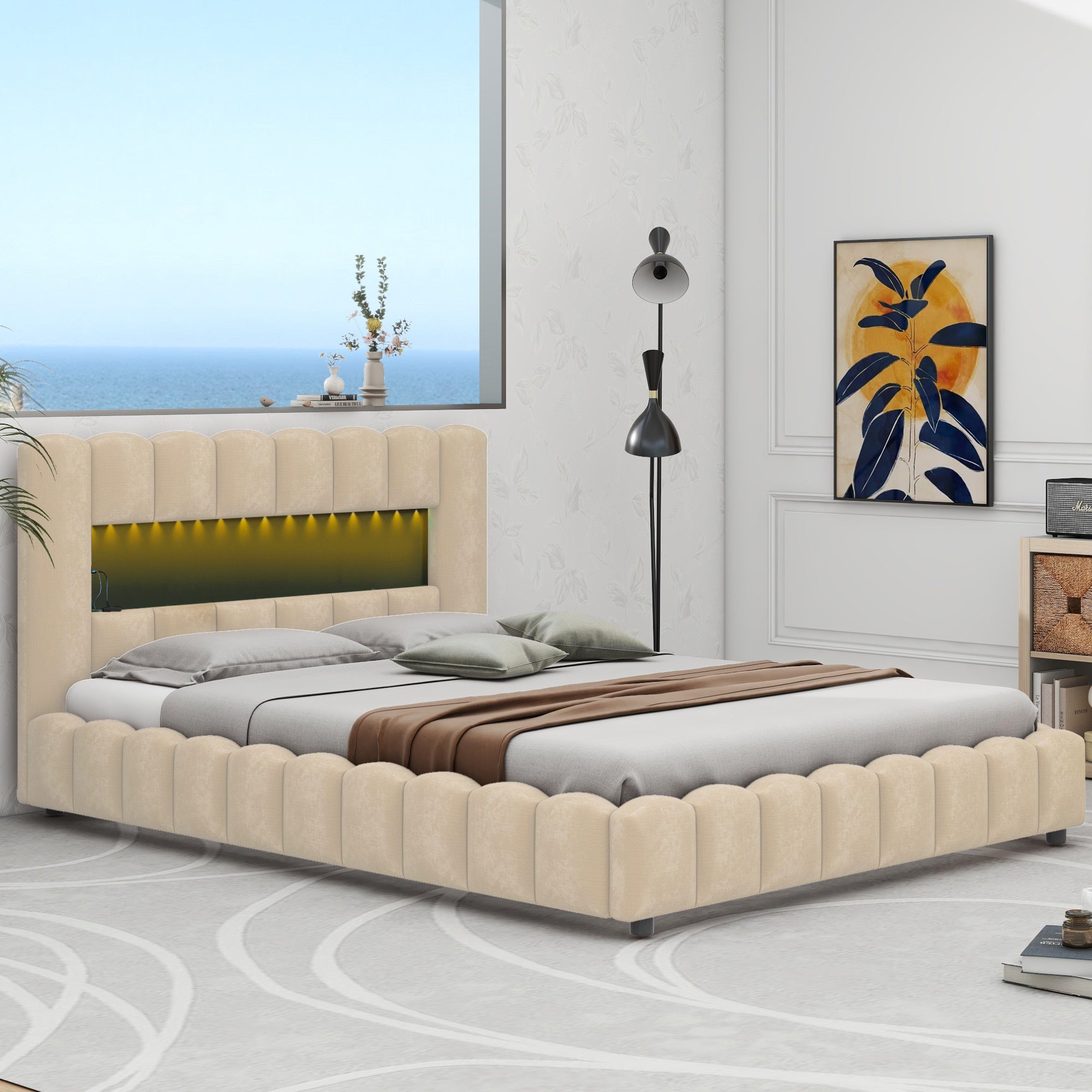Queen Size Upholstered Platform Bed with LED Headboard and USB, Beige
