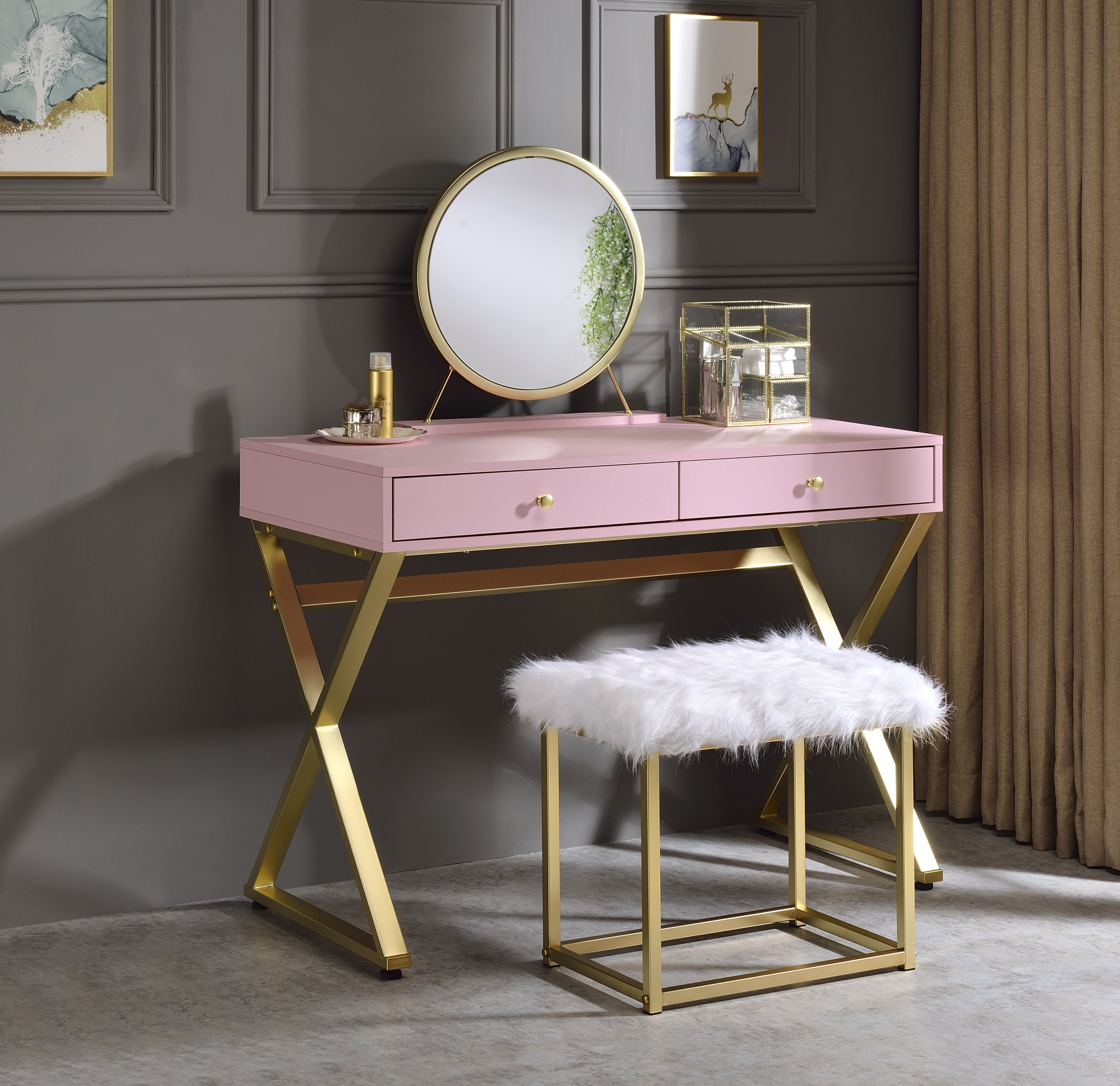 Vanity Mirror & Stool, Faux Fur, Mirror, Pink & Gold Finish AC00934