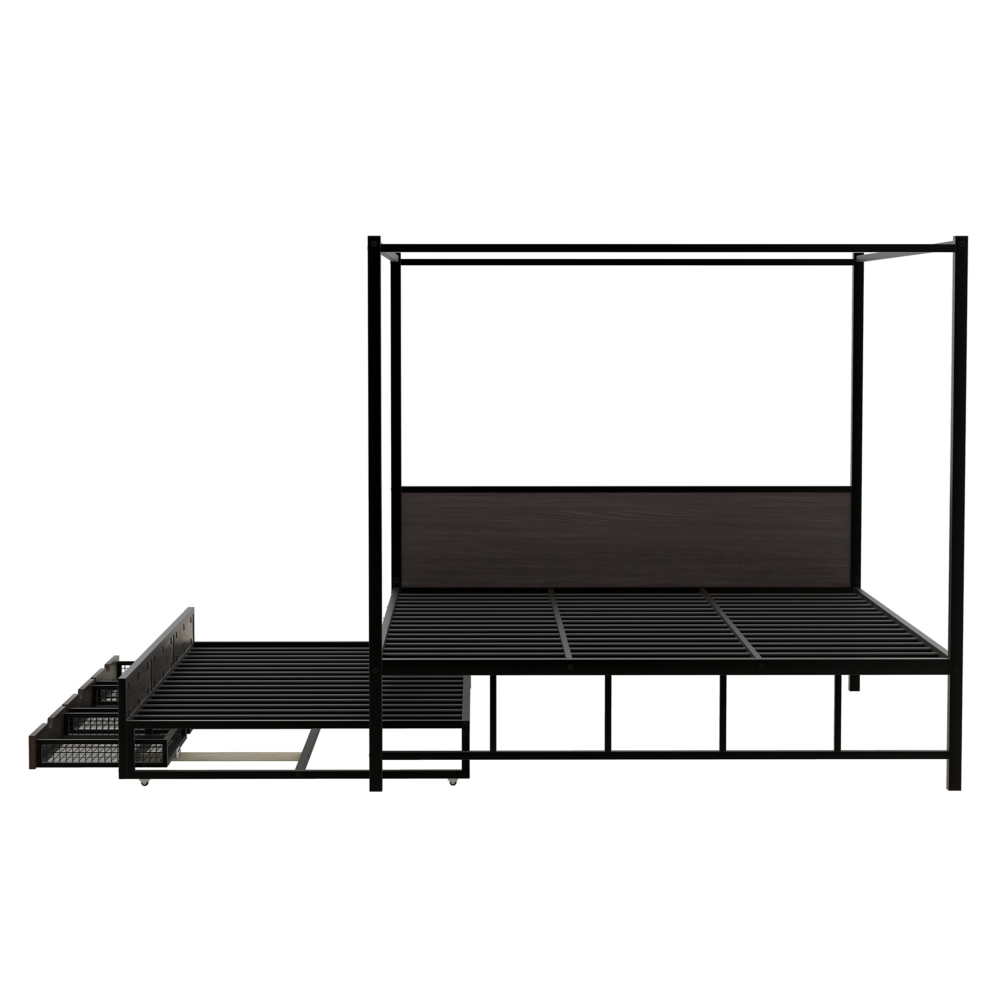 Queen Size Metal Canopy Platform Bed with Twin Size Trundle and 3 Storage Drawers, Black