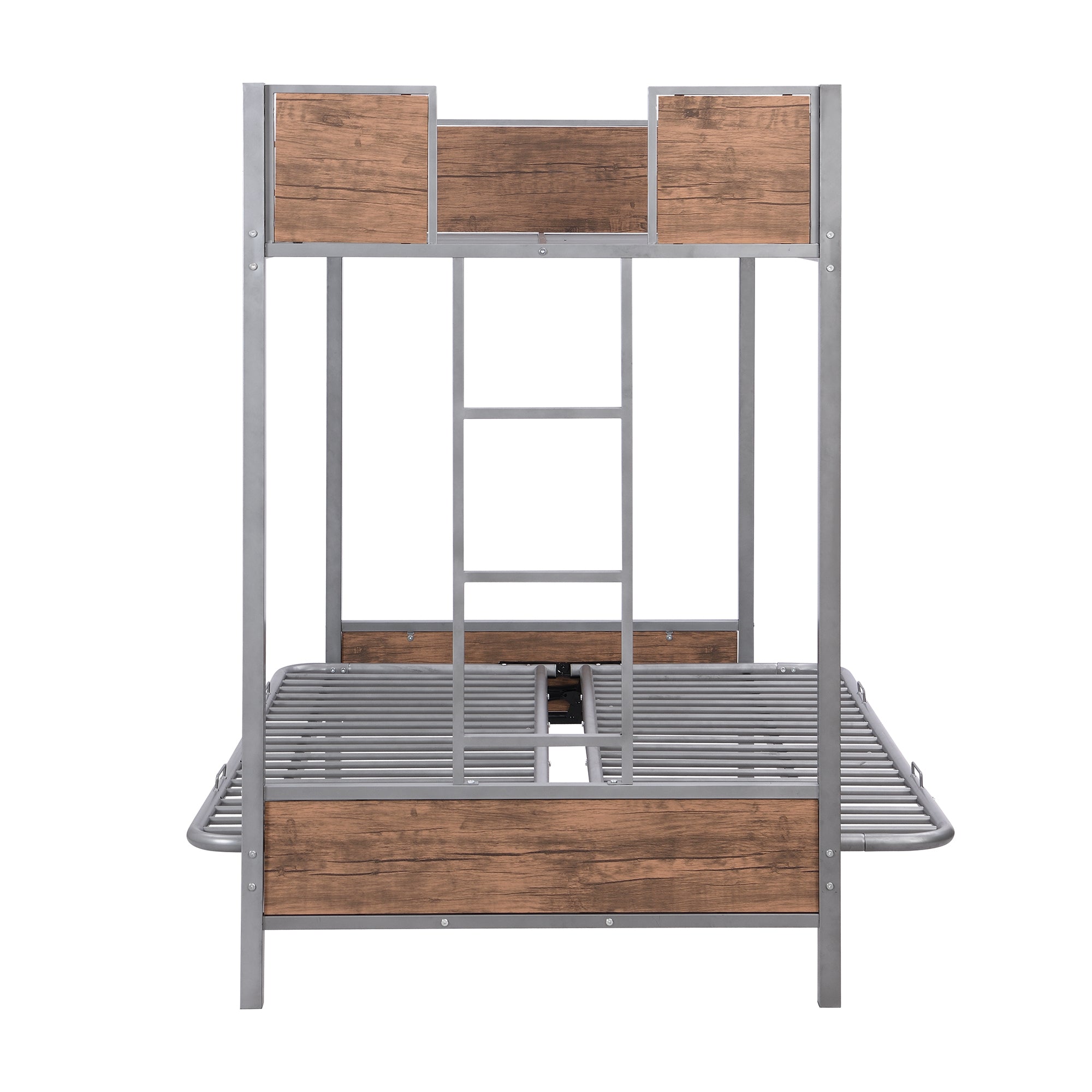 Twin-Over-Futon Bunk Bed, Metal Futon Bunk Bed Frame with Guardrails and Ladder(Gray)(OLD SKU:LP000096AAE)