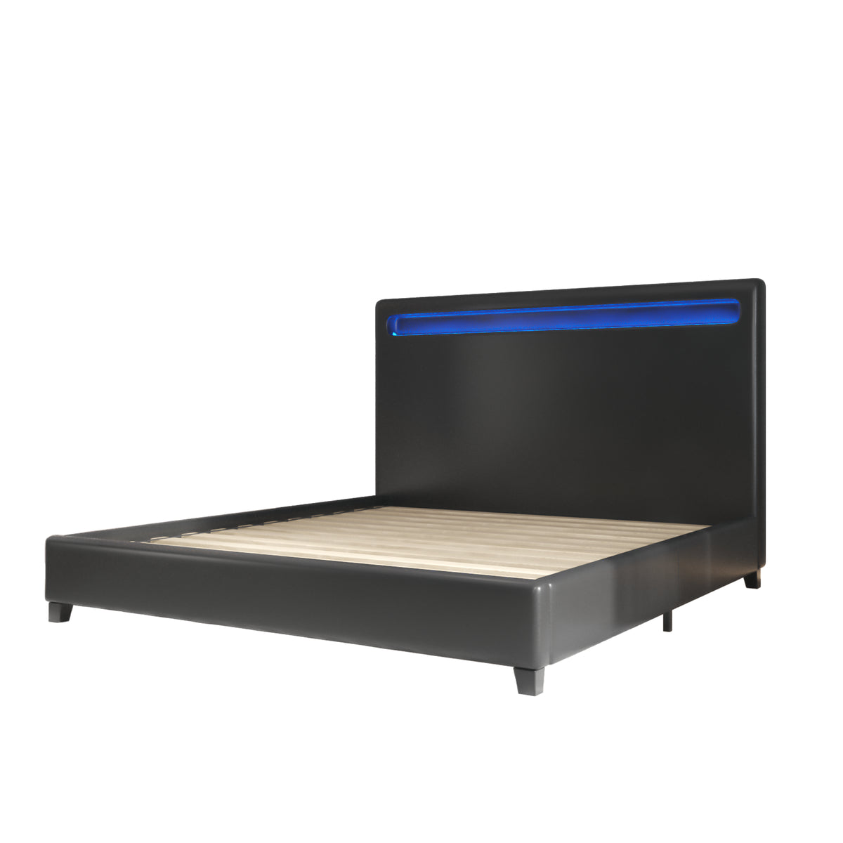 Queen Size Faux Leather Upholstered Platform Bed Frame with LED lighting, Wood Slat Support, No Box Spring Needed, Black