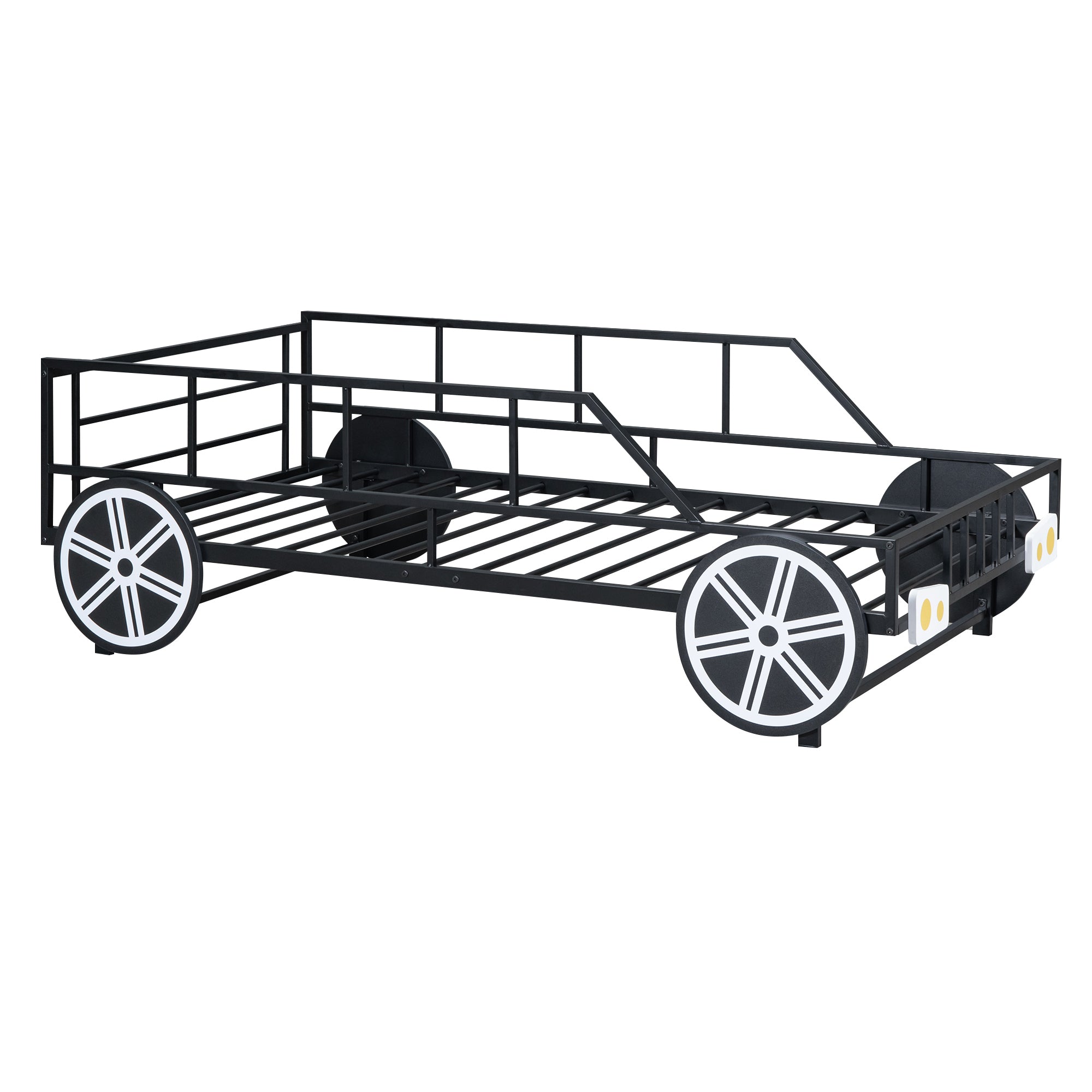 Metal Twin Size Car-shaped Platform Bed with Wheels and Headlights Decoration, Black