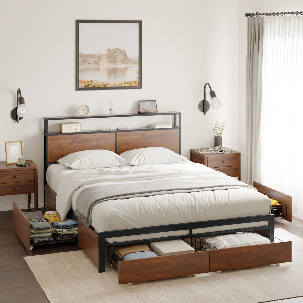 Hausource Full Bed Frame with Storage Headboard and 4 Drawers LED Lights Platform Bed No Box Spring Needed - Brown