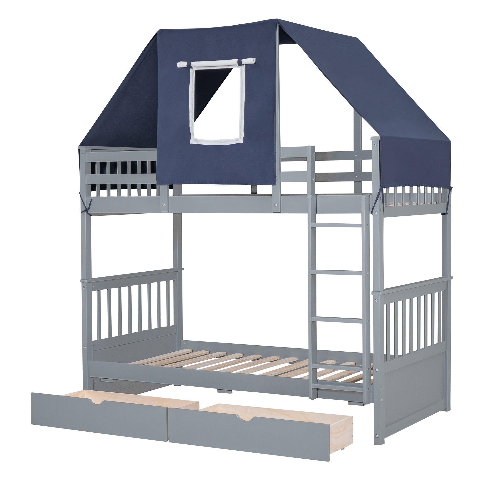 Twin Over Twin Bunk Bed Wood Bed with Tent and Drawers, Gray+Blue Tent