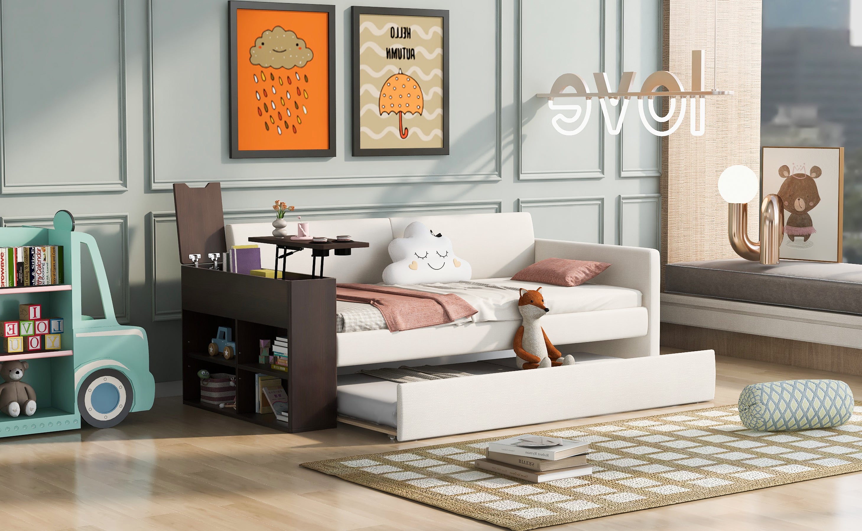 Twin Size Upholstery Daybed with Storage Arm, Trundle, Cup Holder and USB Design, Beige