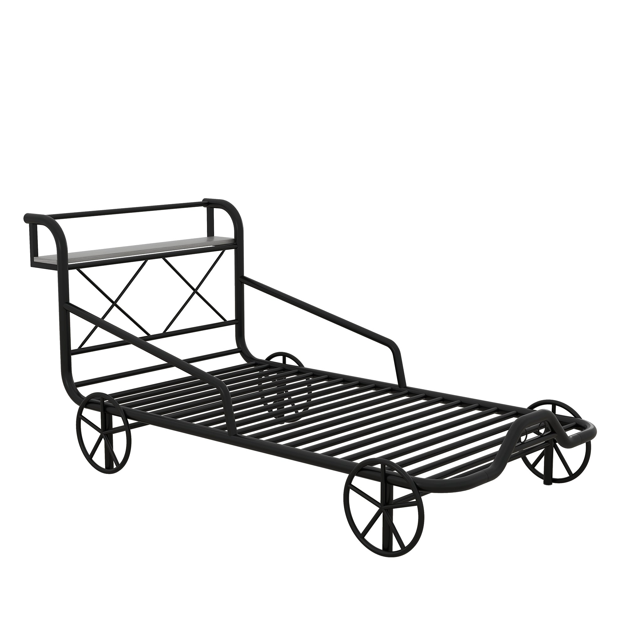 Twin Size Metal Car Bed with Four Wheels, Guardrails and  X-Shaped Frame Shelf, Black(Old SKU: MF297599AAB)