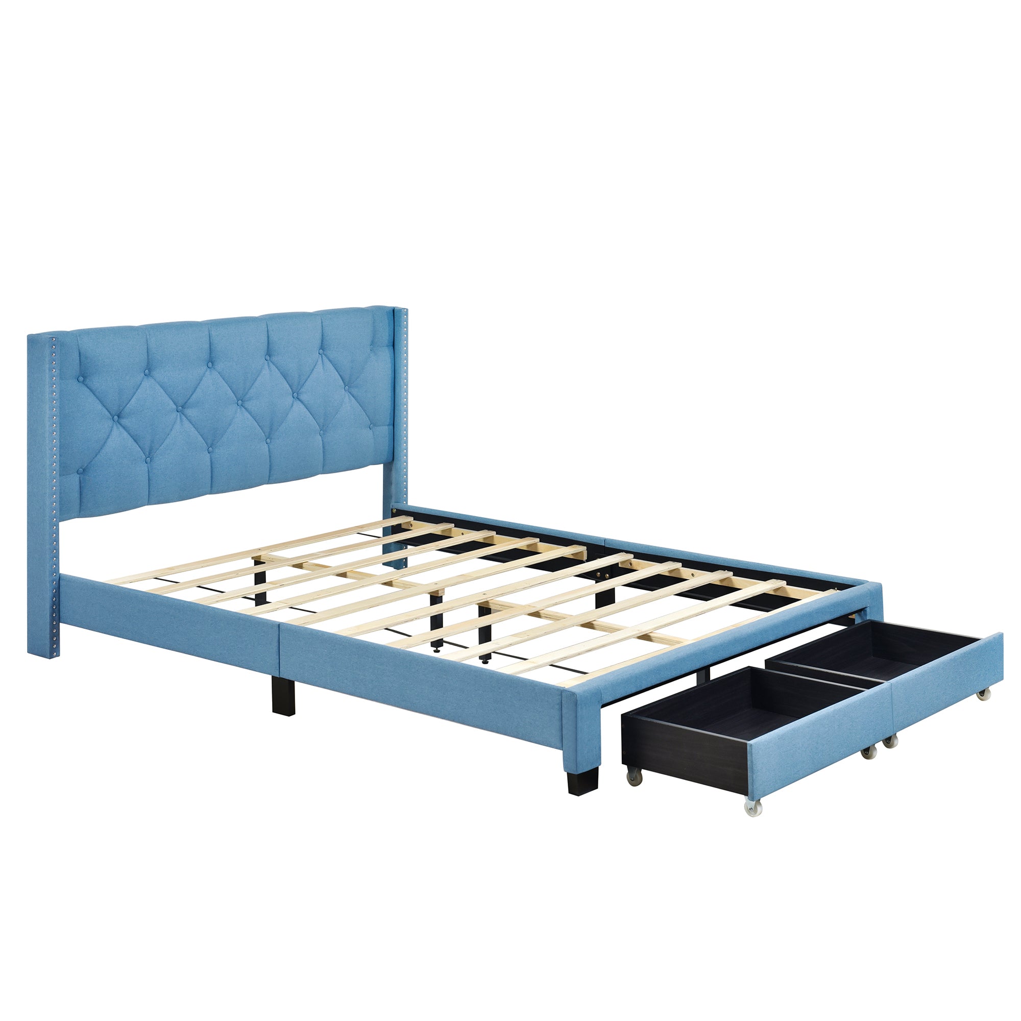 Queen Size Storage Bed Linen Upholstered Platform Bed with Two Drawers - Blue