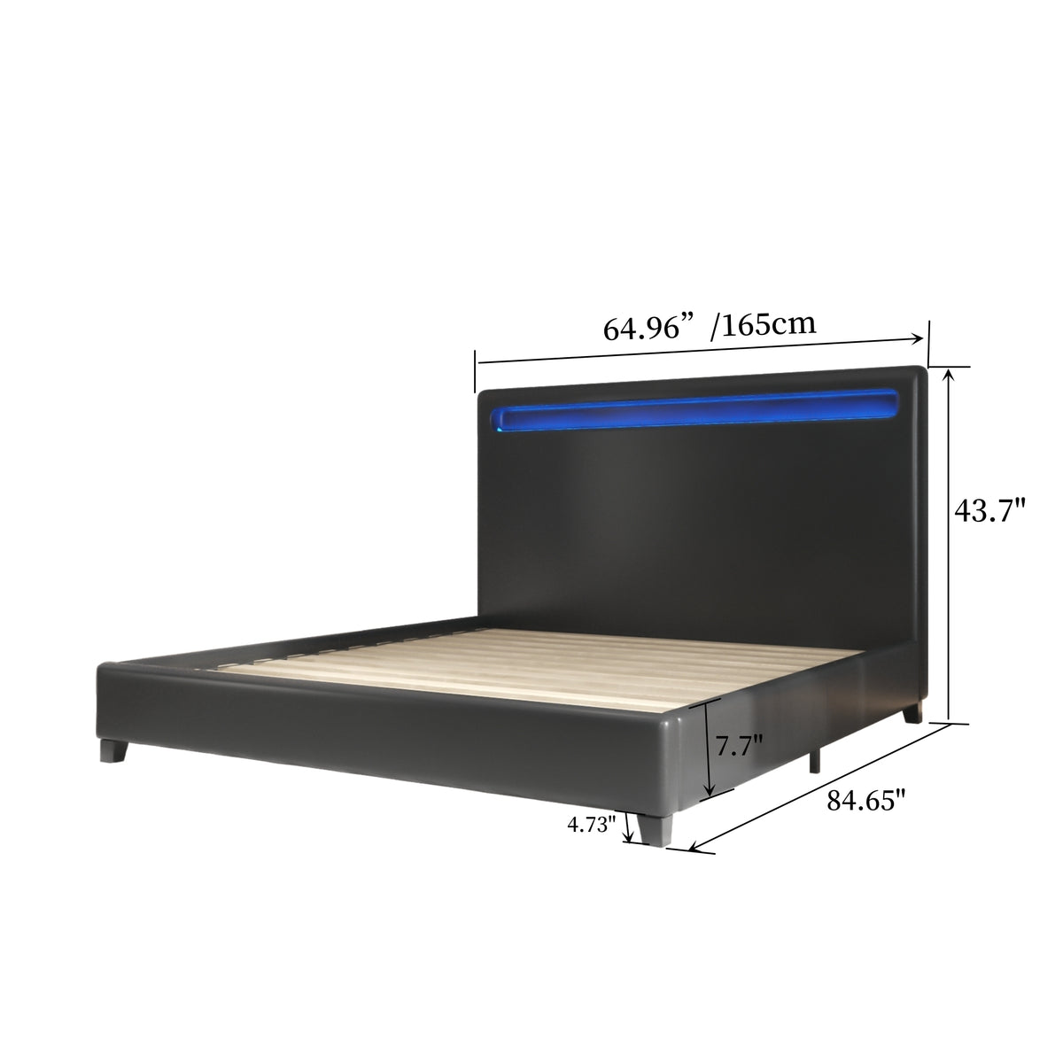 Queen Size Faux Leather Upholstered Platform Bed Frame with LED lighting, Wood Slat Support, No Box Spring Needed, Black