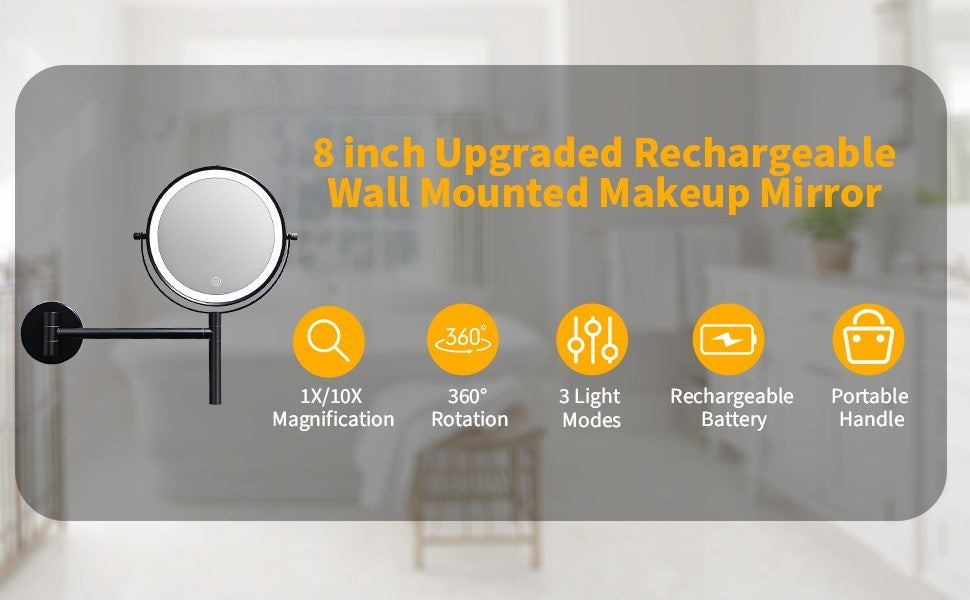 8 Inch 3 Colors LED Lighted, Wall Mounted Makeup Mirror, Double Sided 1X /10X HD Magnifying, 360° Swivel with Extension Arm, Bathroom Vanity Mirror(Black)