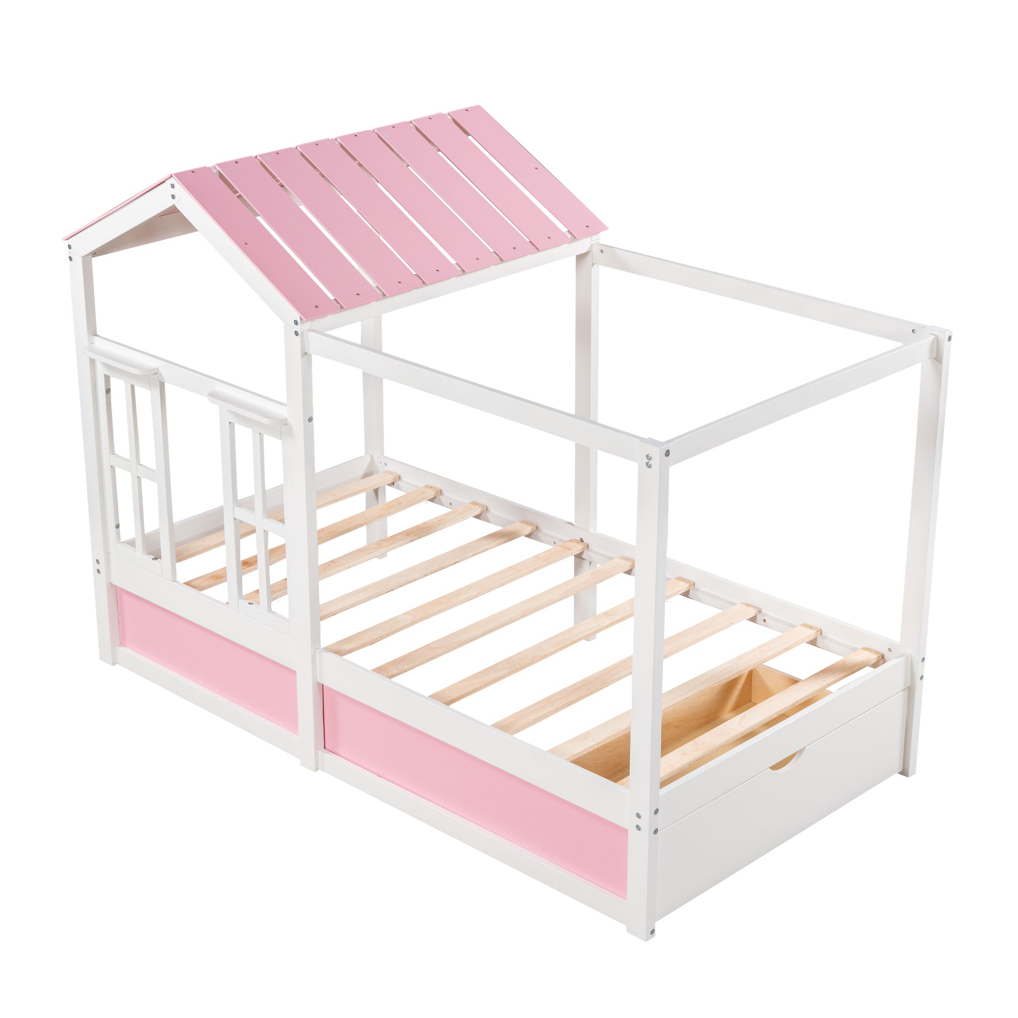 Twin Size House Bed with Roof, Window and Drawer - Pink + White