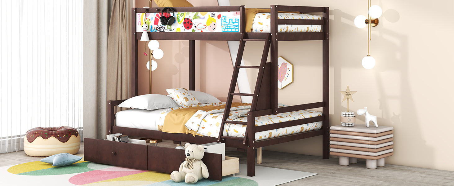 Wood Twin over Full Bunk Bed with Whiteboard, 3 Hooks and 2 Drawers, Espresso