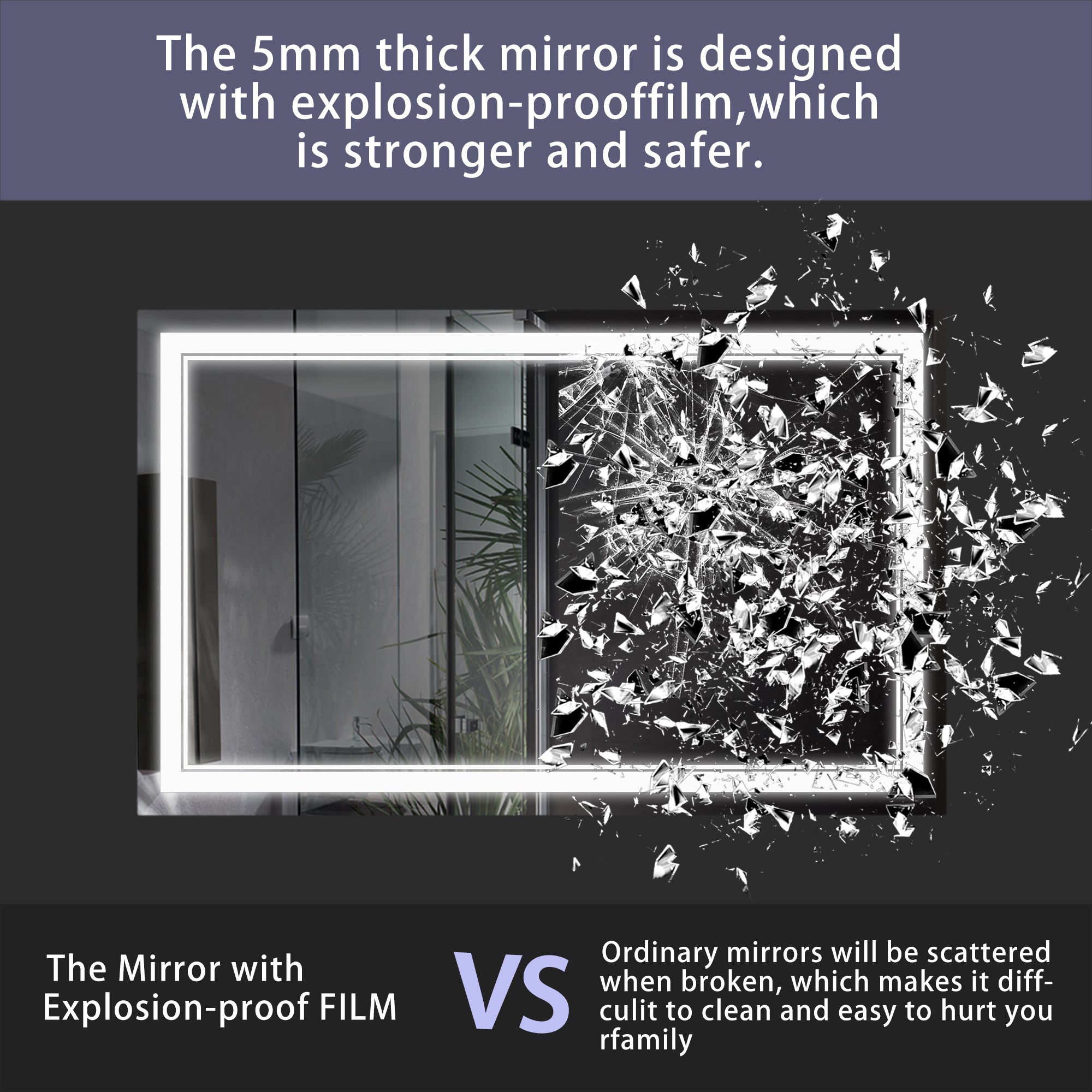 48×30 inch LED-Lit bathroom tempered mirror, wall mounted anti-fog memory Adjustable Brightness front light Rectangular Vanity mirror