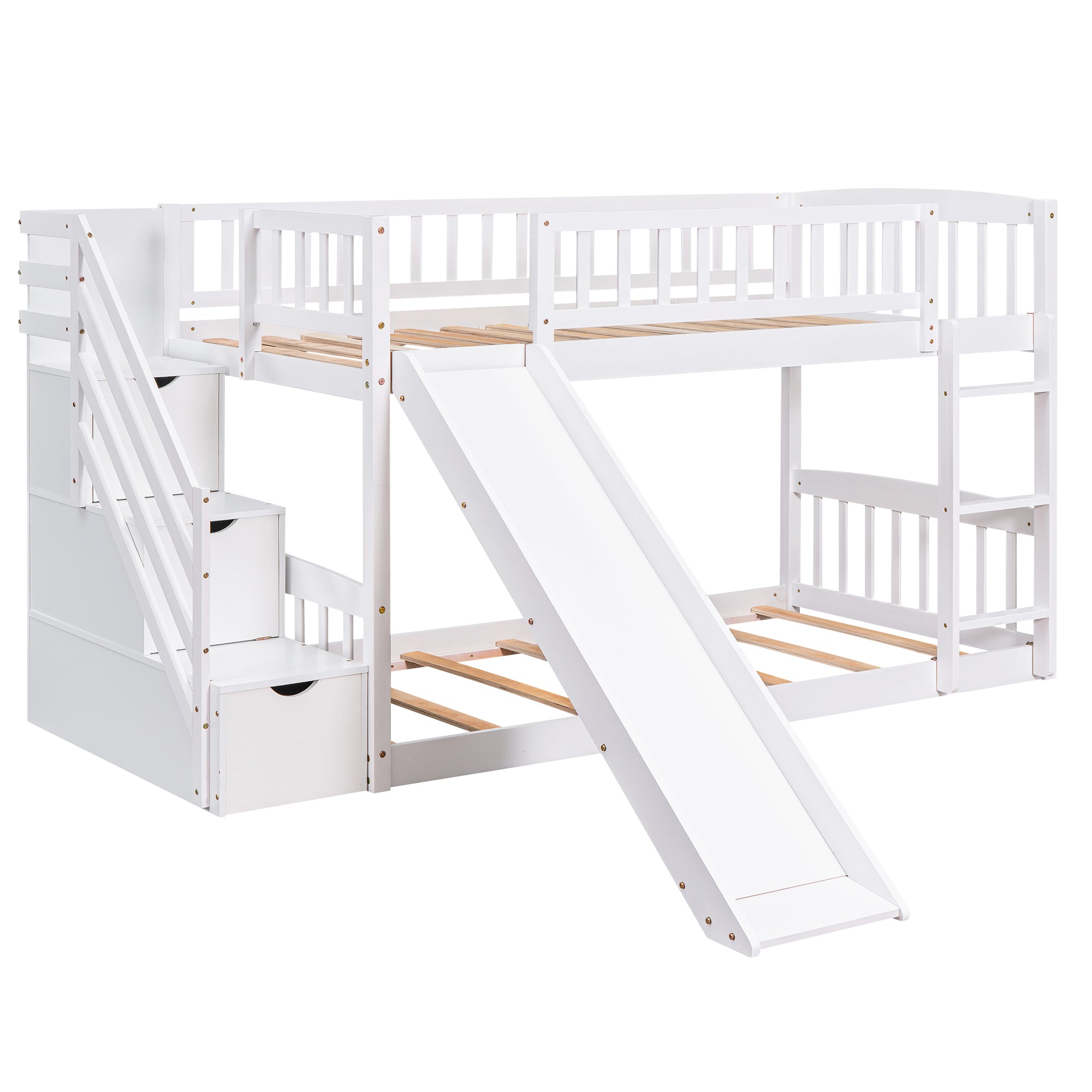 Stairway Twin over Twin Bunk Bed with Two Drawers and Slide, White(OLD SKU :LT000155AAK)