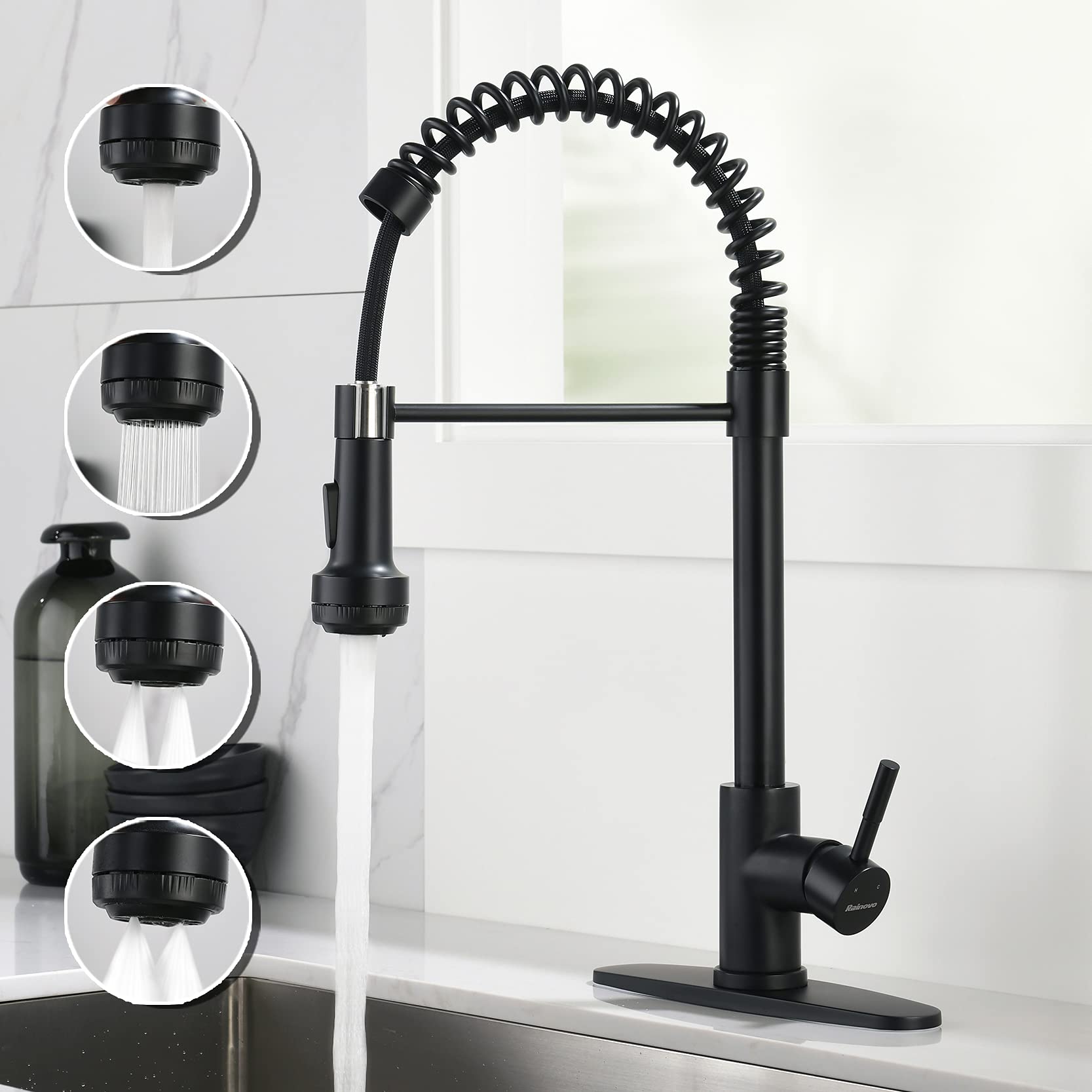 Kitchen Faucet with 4 Mode Pull Down Sprayer Matte Black