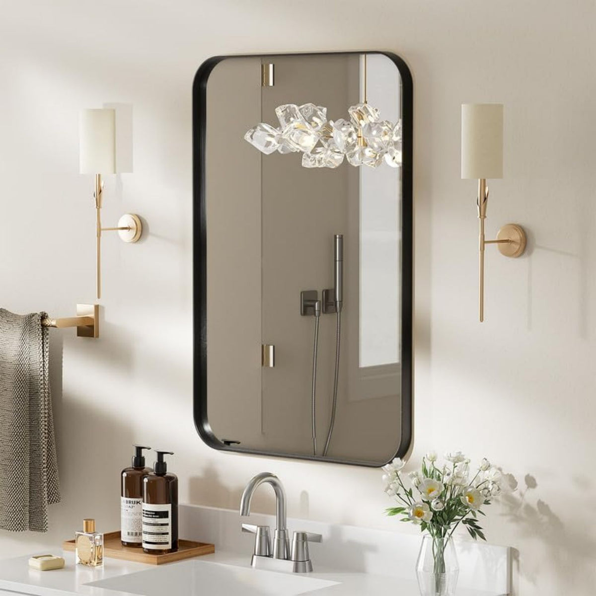 Tempered Glass Rounded Rectangle Framed Wall-Mounted Bathroom Vanity Mirror