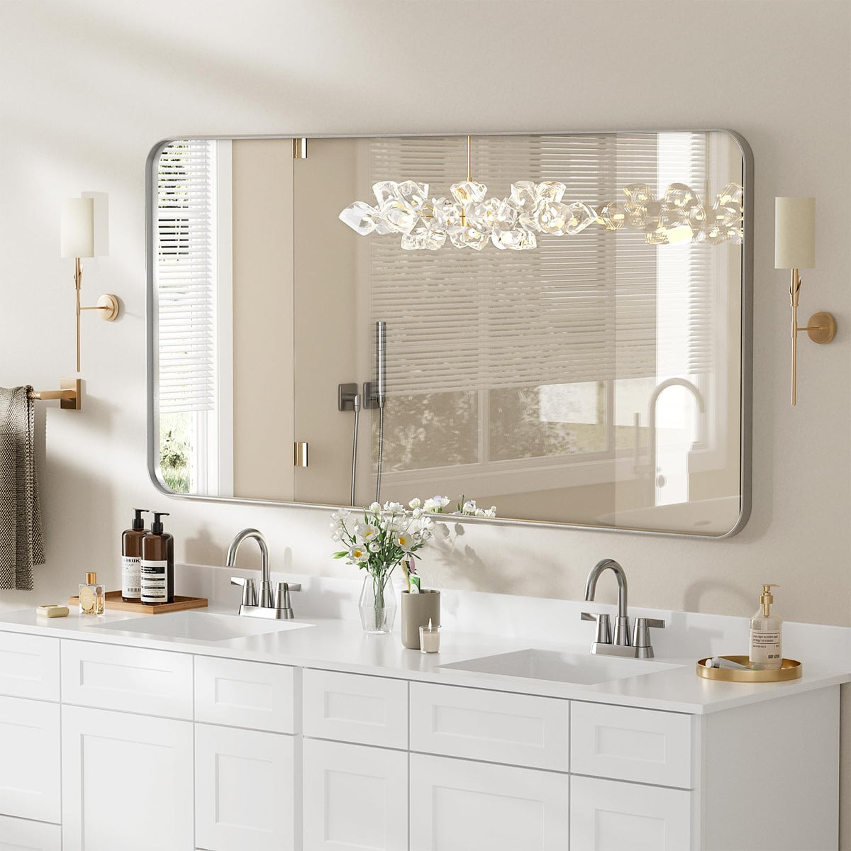 36 in. W x 30 in. H Tempered Glass Rounded Rectangle Framed Wall-Mounted Bathroom Vanity Mirror in Silver