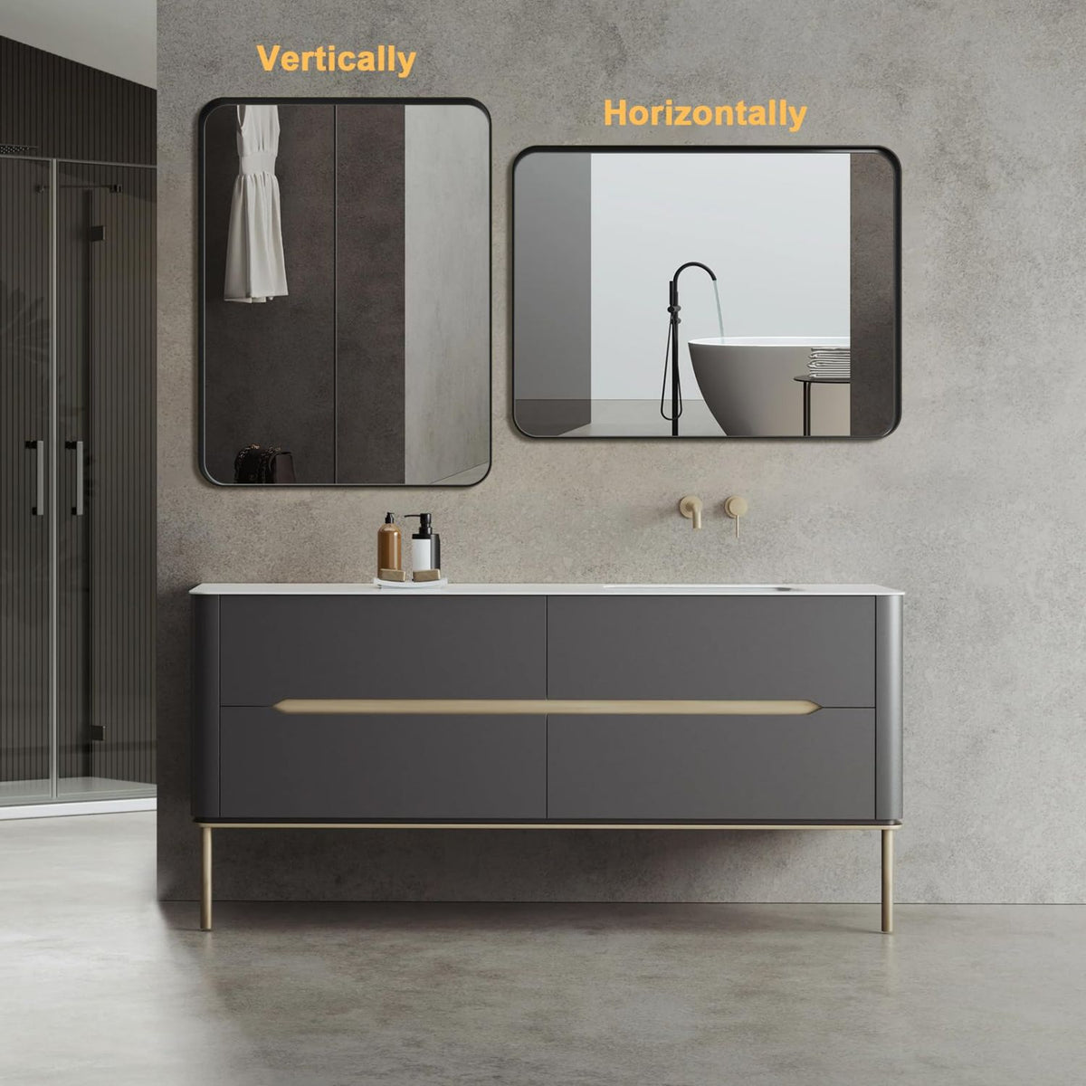 Tempered Glass Rounded Rectangle Framed Wall-Mounted Bathroom Vanity Mirror