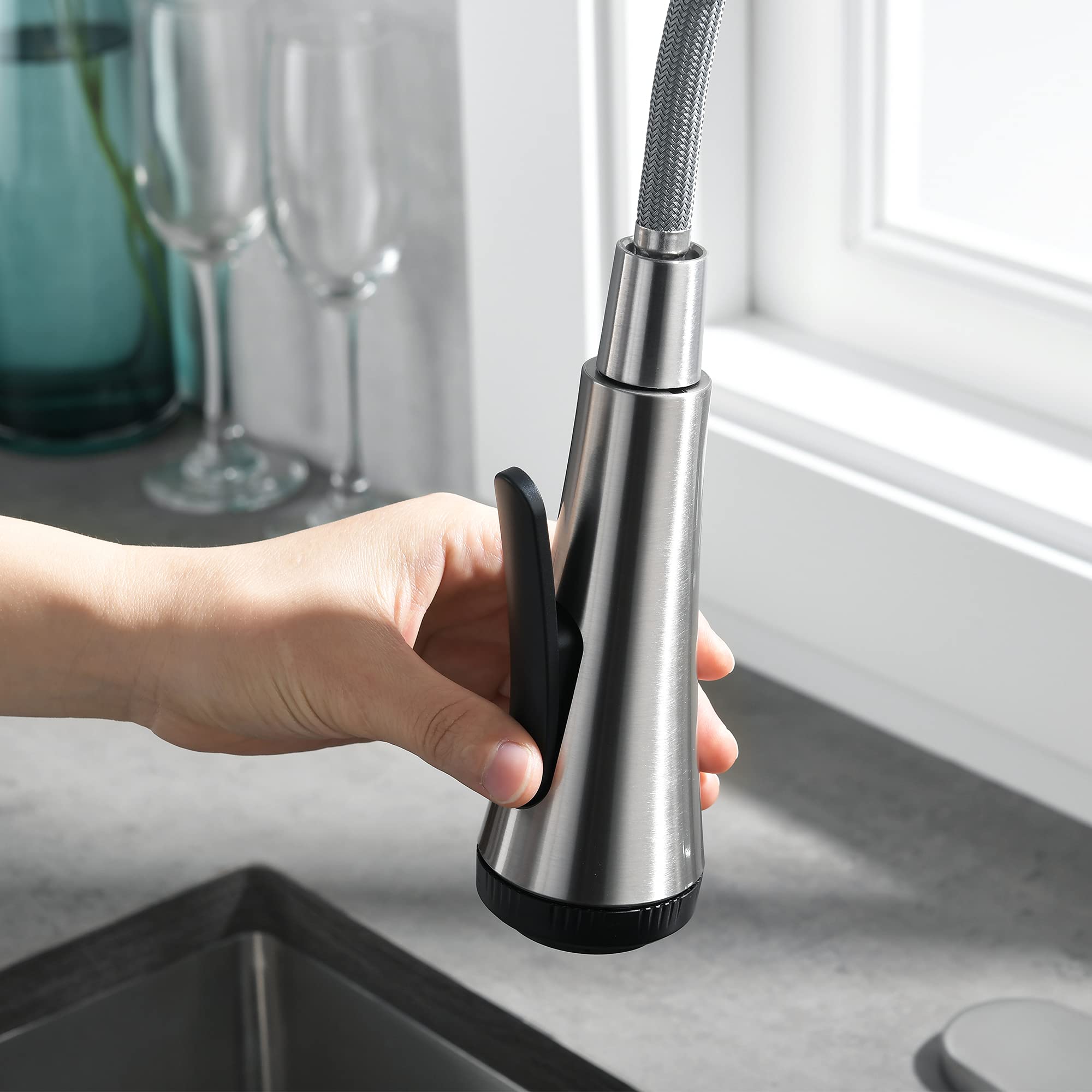 4 Mode Pull Down Sprayer Kitchen Faucet Brushed Nickel with Aquablade Function