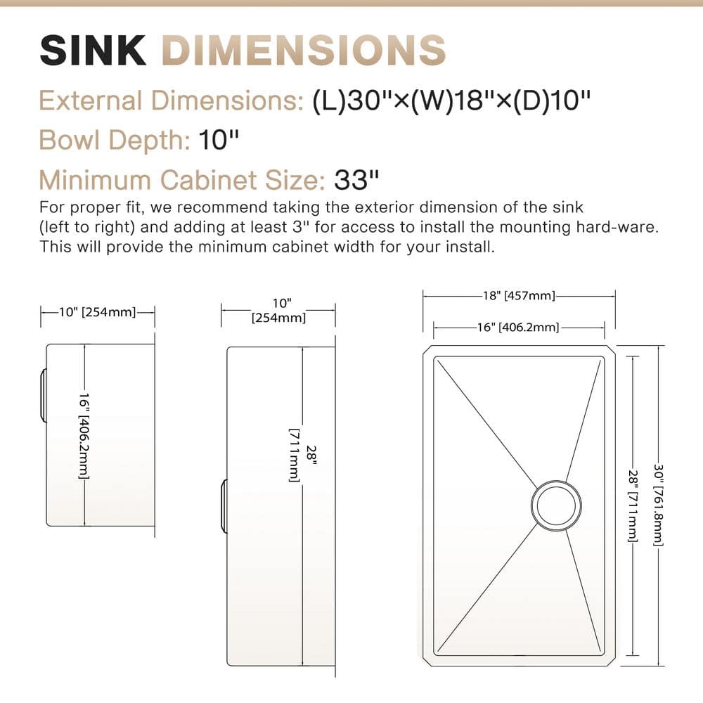 18 Gauge Stainless Steel Kitchen Sink with 3 Accessories