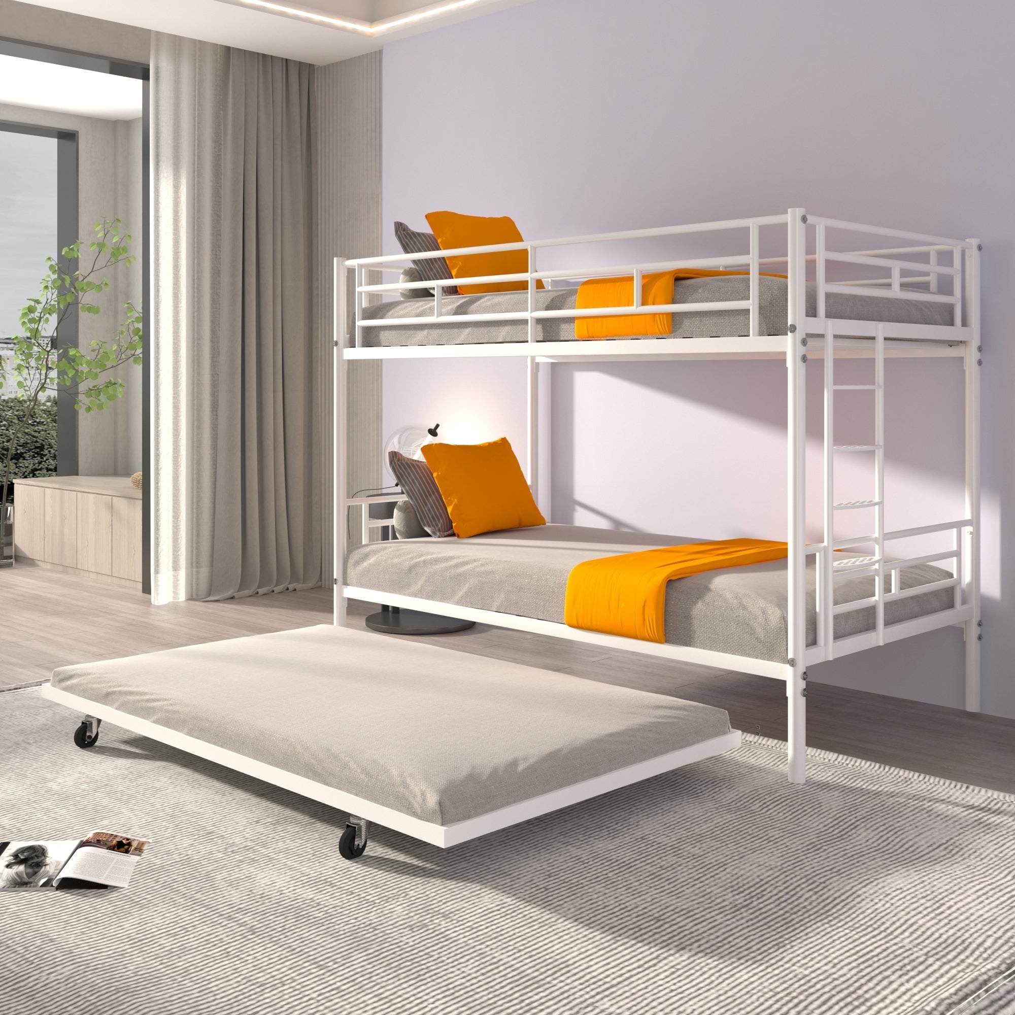 Bunk Bed Twin over Twin with Trundle White,CPC Certified,No Box Spring Needed,Heavy Duty,Easy to assemble