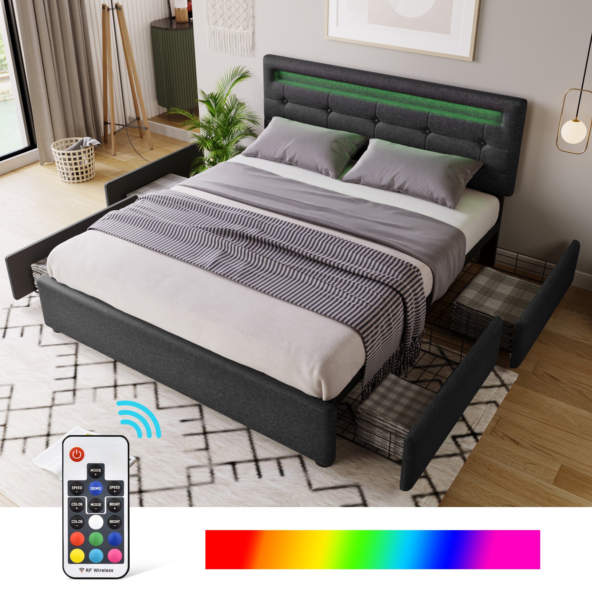 Bed Frame Full Size, Upholstered Platform Bed Frame with 4 Storage Drawers and LED Lights & Adjustable Headboard,No Box Spring Needed,Grey