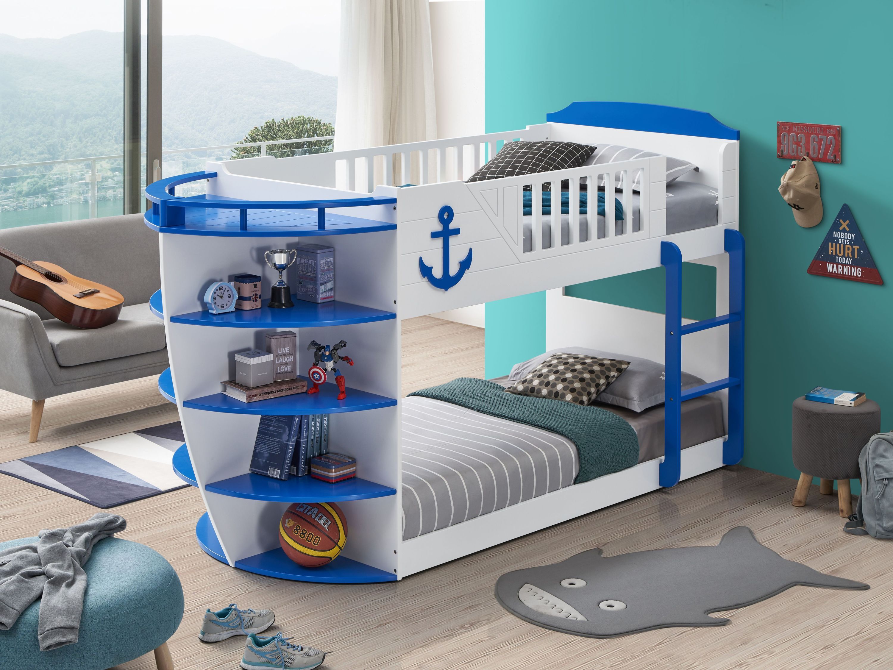 Neptune Twin/Twin Bunk Bed w/Storage Shelves in Sky Blue Finish BD00577
