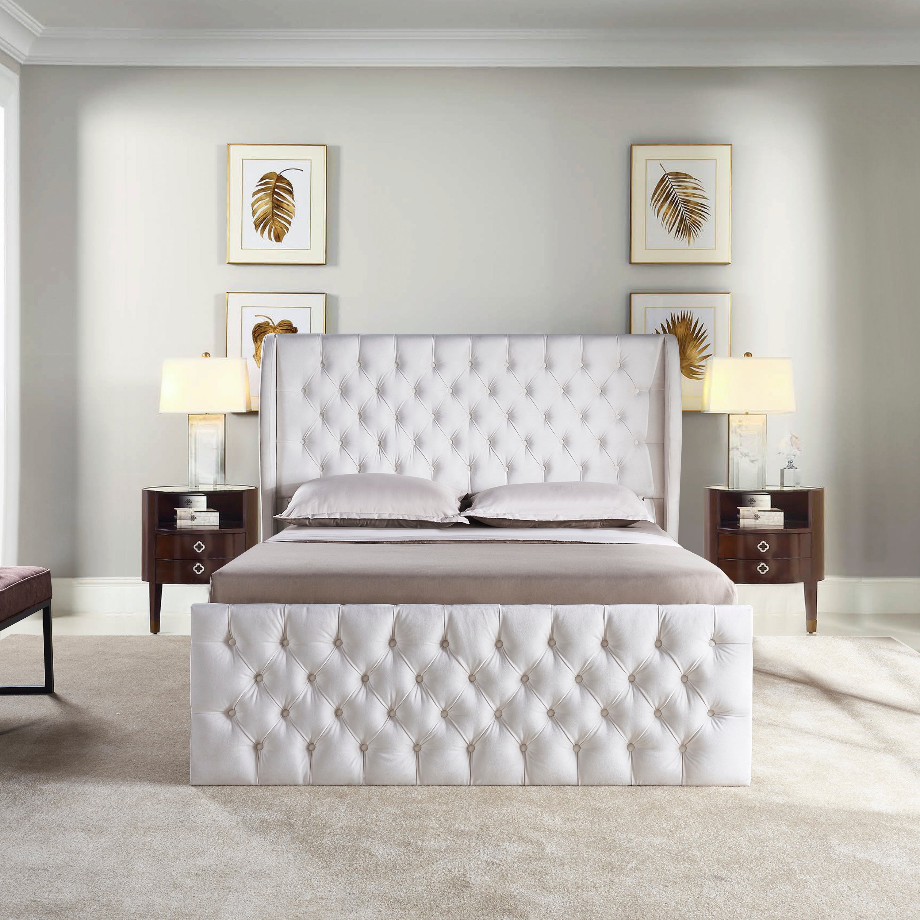 Rodeo Drive Collection Upholstered Wingback Velvet Fabric Chesterfield Bed/Button Tufted Headboard with Vintage Wing/Wood Slat Support/Easy Assemble. King-White