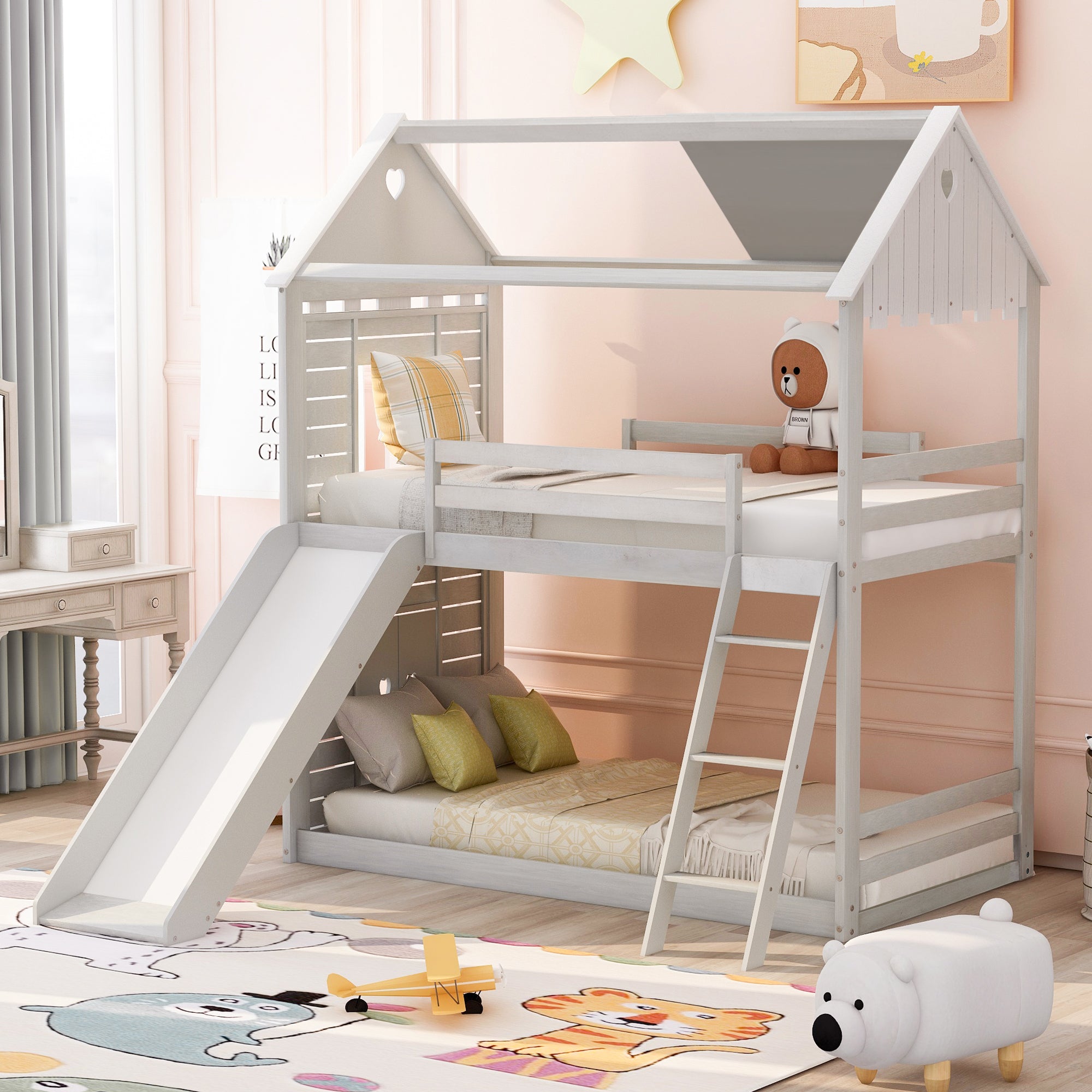 Twin Over Twin Bunk Bed Wood Bed with Roof, Window, Slide, Ladder ,Antique White(OLD SKU:LP000059AAK)