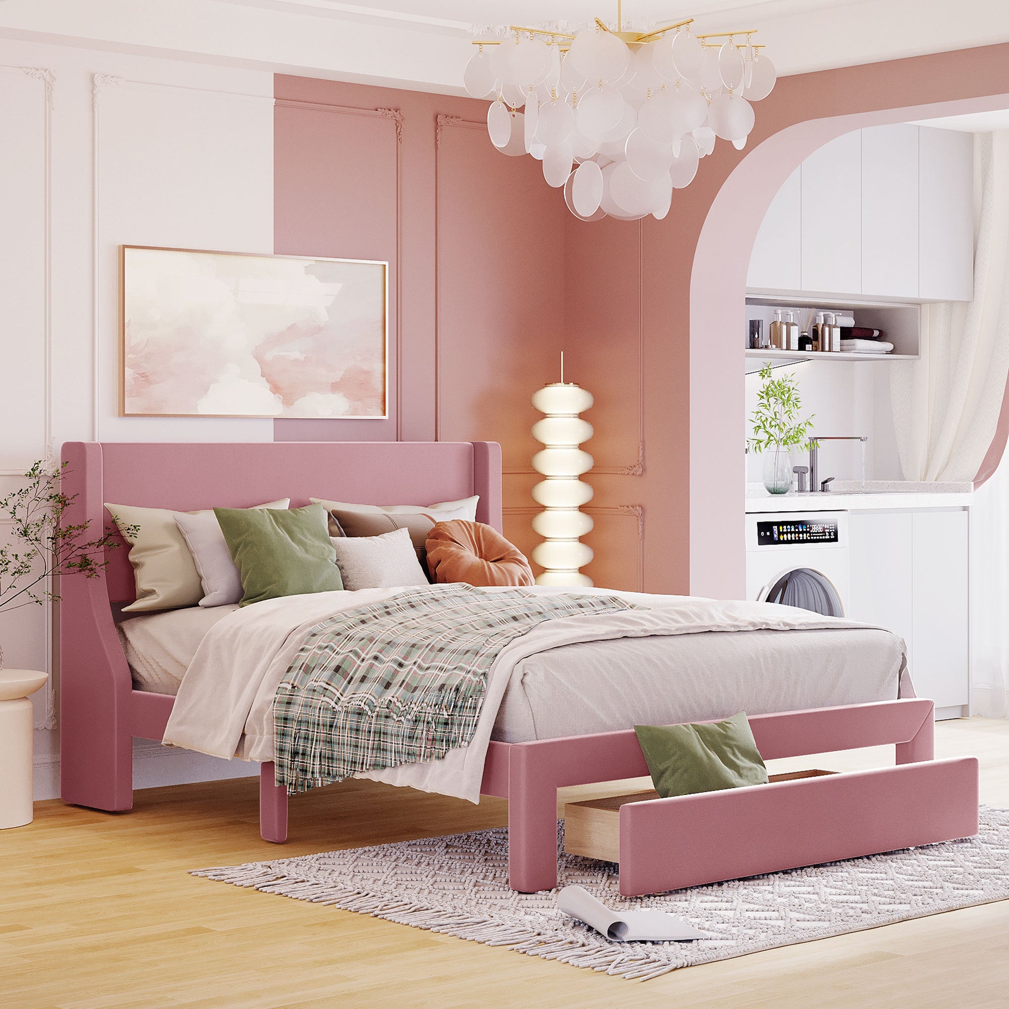 Queen Size Storage Bed Velvet Upholstered Platform Bed with a Big Drawer - Pink