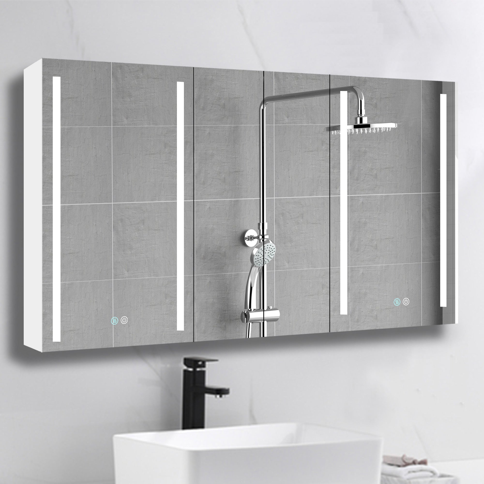 60x30 Inch LED Bathroom Medicine Cabinet Surface Mount Double Door Lighted Medicine Cabinet, Medicine Cabinets for Bathroom with Mirror Defogging, Dimmer White