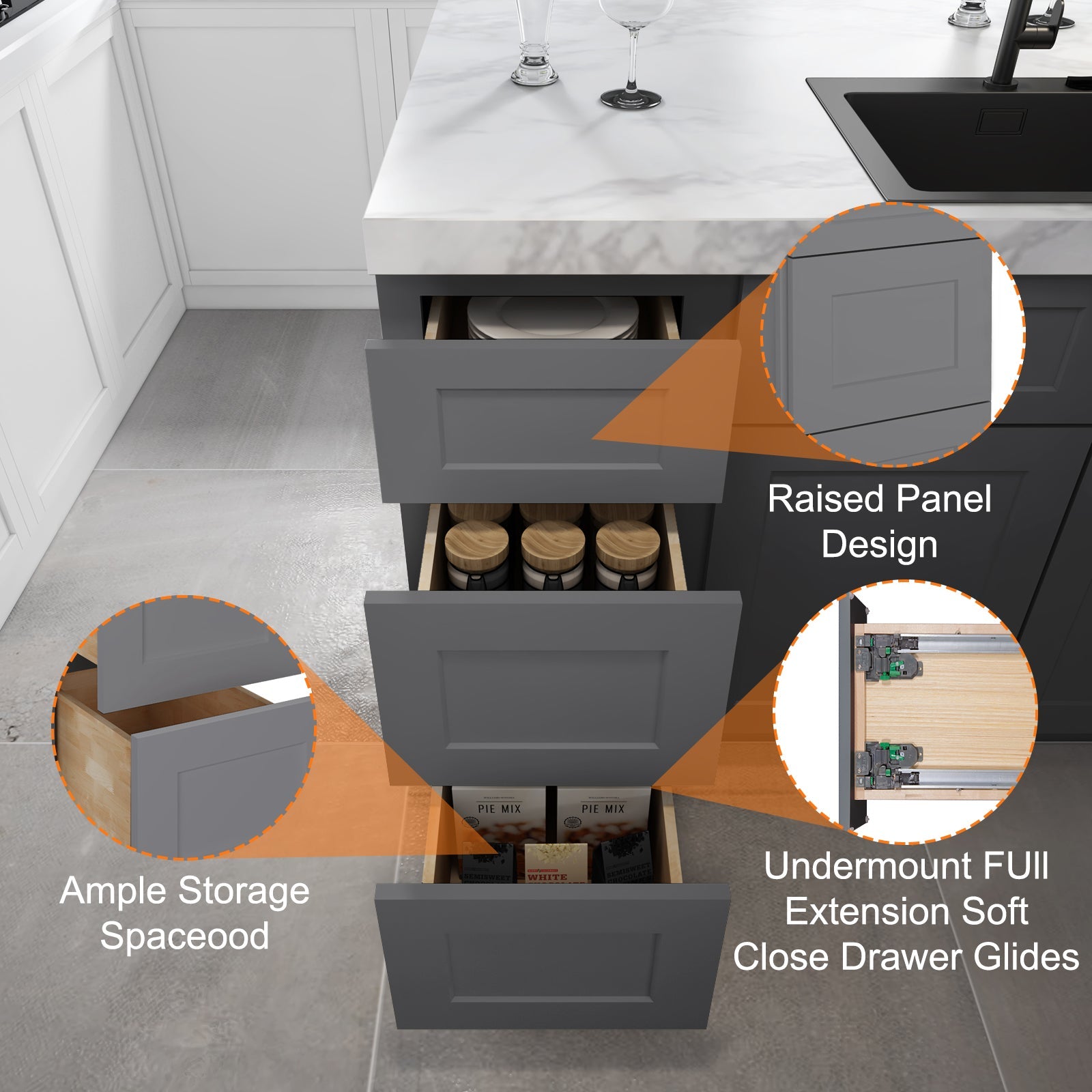 24"D Birch Solid Wood 3 Drawer Base Kitchen Cabinet 3DB