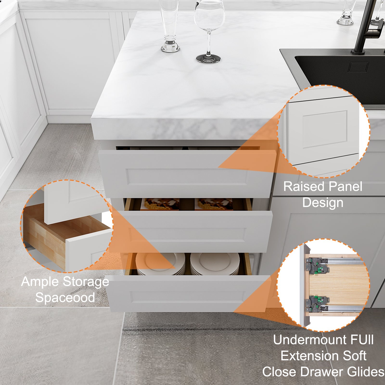 24"D Birch Solid Wood x 24"W x 34.5"H 3 Drawer Base Kitchen Cabinet 24" Wide 3DB24