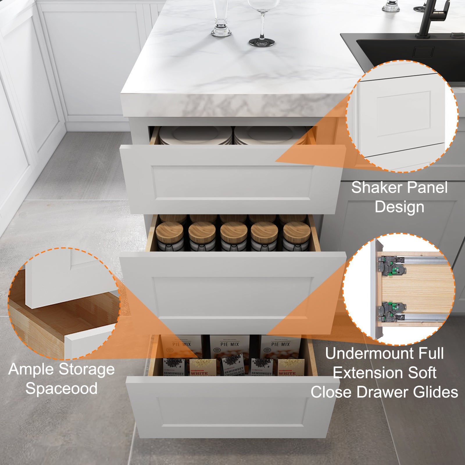 24"D Birch Solid Wood x 24"W x 34.5"H 3 Drawer Base Kitchen Cabinet 24" Wide 3DB24