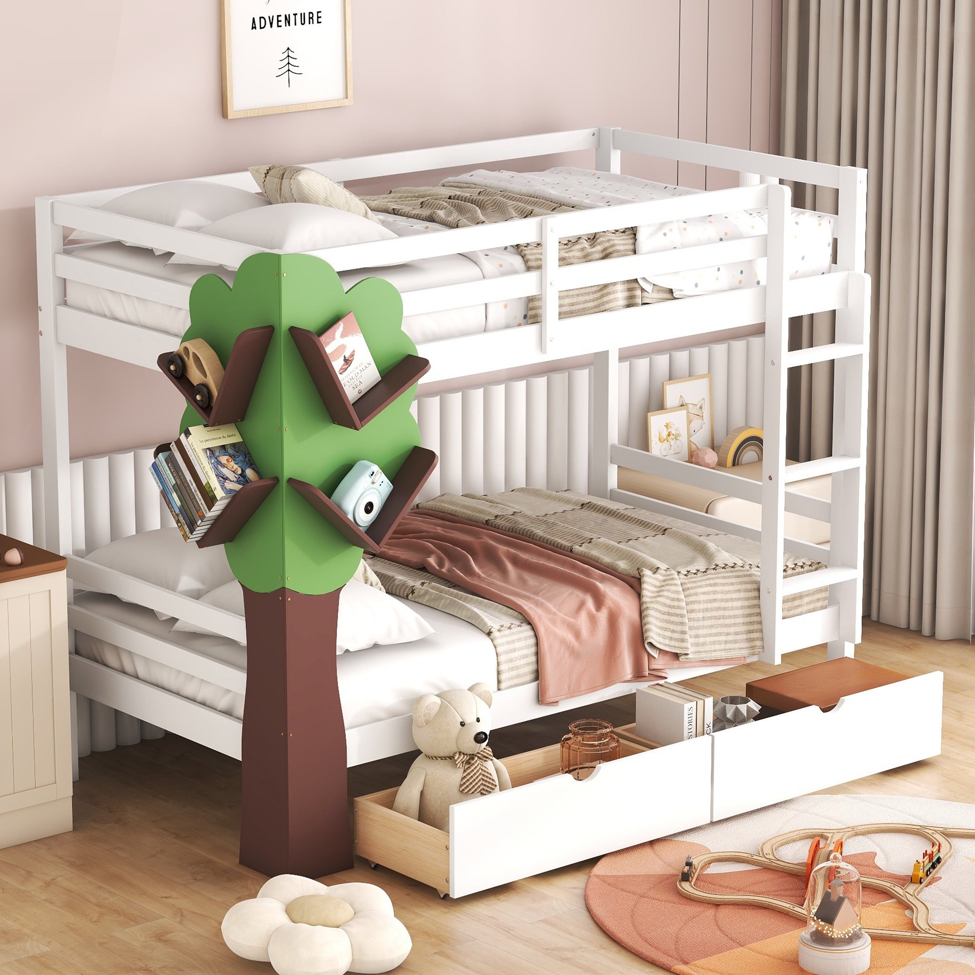 Twin-Over-Twin Bunk Bed with  a Tree Decor and Two Storage Drawers, White