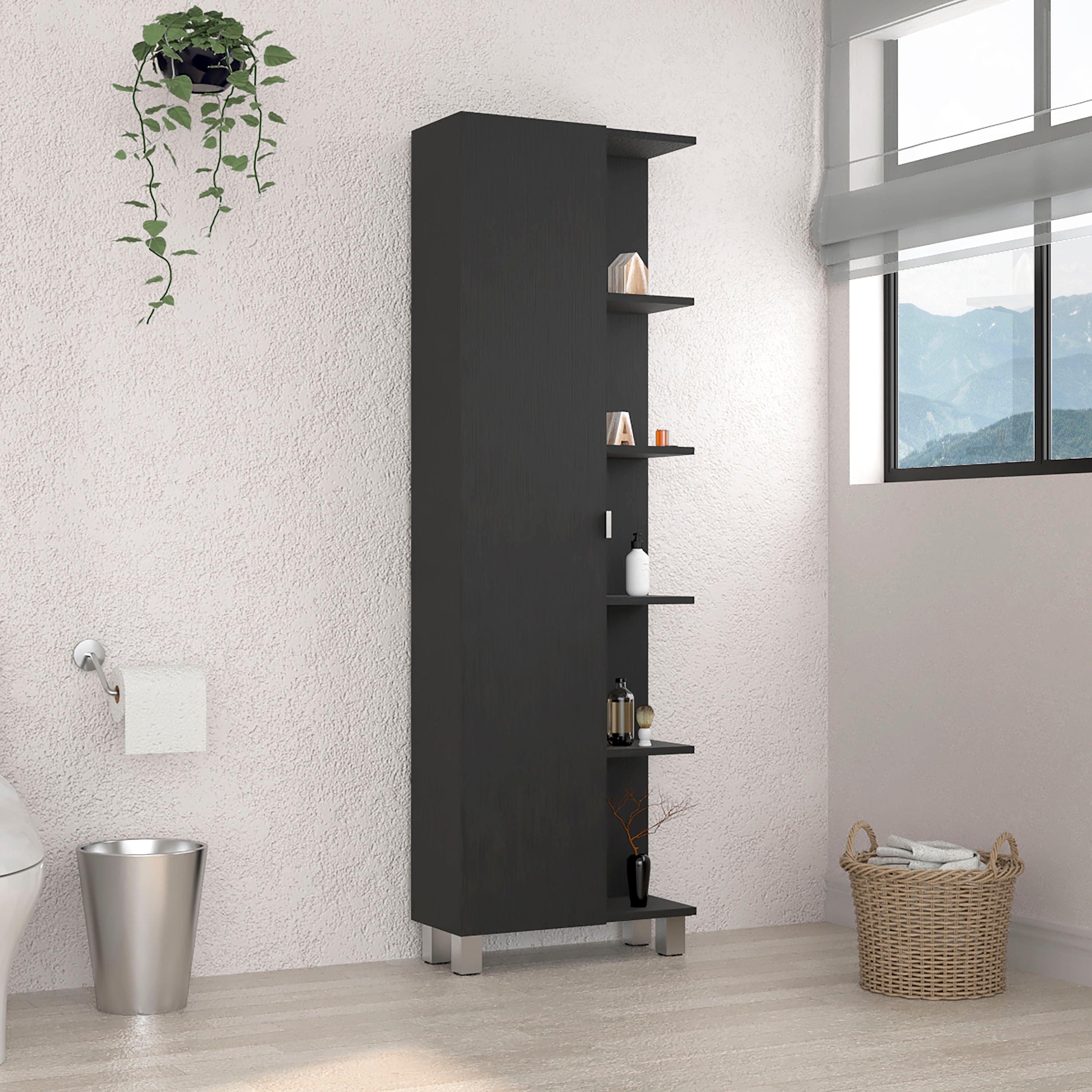 Urano Mirror Linen Cabinet, Four Interior  Shelves, Five External Shelves -Black
