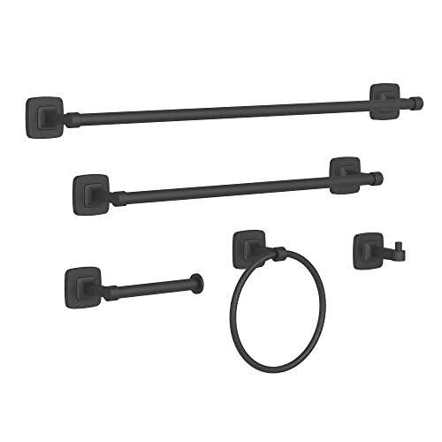 Bathroom Hardware Set Black 5-Piece, Double Towel Bar Toilet Paper Holder Wall Mount Towel Ring Robe Towel Hooks for Bathroom Stainless Steel Bath Accessories Kit Buylikepro
