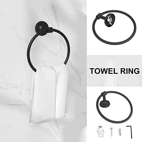 Bathroom Hardware Set Black 6-Piece, Double Towel Bar Toilet Paper Holder Wall Mount Towel Ring 2 Robe Towel Hooks for Bathroom Stainless Steel Bath Accessories Kit Buylikepro