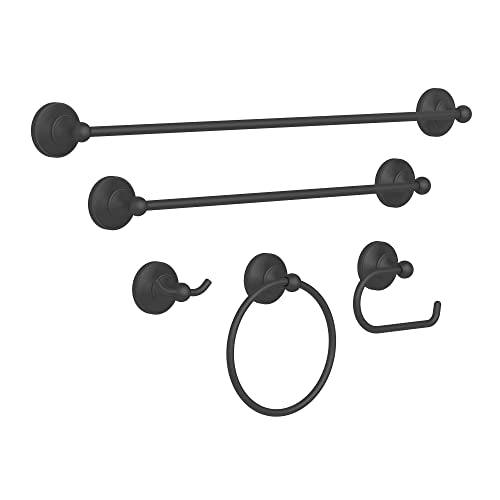 Bathroom Towel Bar Set 5-Piece Black Bathroom Hardware Set Double Towel Bar Toilet Paper Holder Wall Mount Towel Ring Robe Towel Hooks for Bathroom Stainless Steel Bath Accessories Kit Buylikepro