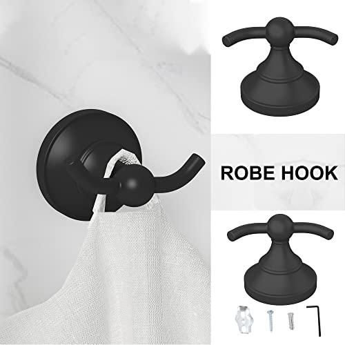 Bathroom Towel Bar Set 5-Piece Black Bathroom Hardware Set Double Towel Bar Toilet Paper Holder Wall Mount Towel Ring Robe Towel Hooks for Bathroom Stainless Steel Bath Accessories Kit Buylikepro